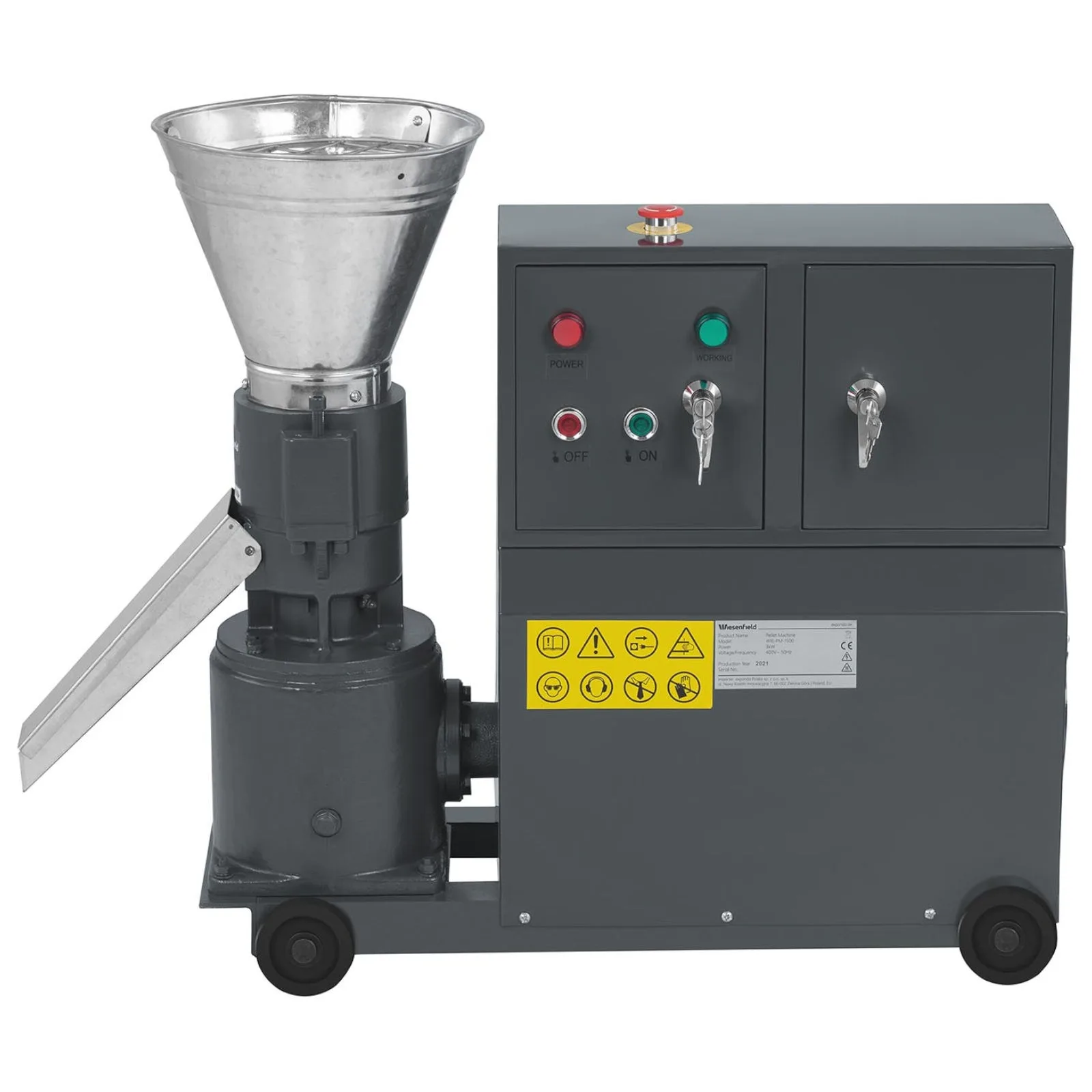 Pellettgyártó, granulátor, mobil fűrészpor- és takarmánypellett-készítő gép, 3 kW, 400 V, 100 kg/h, 120 mm átmérő 6