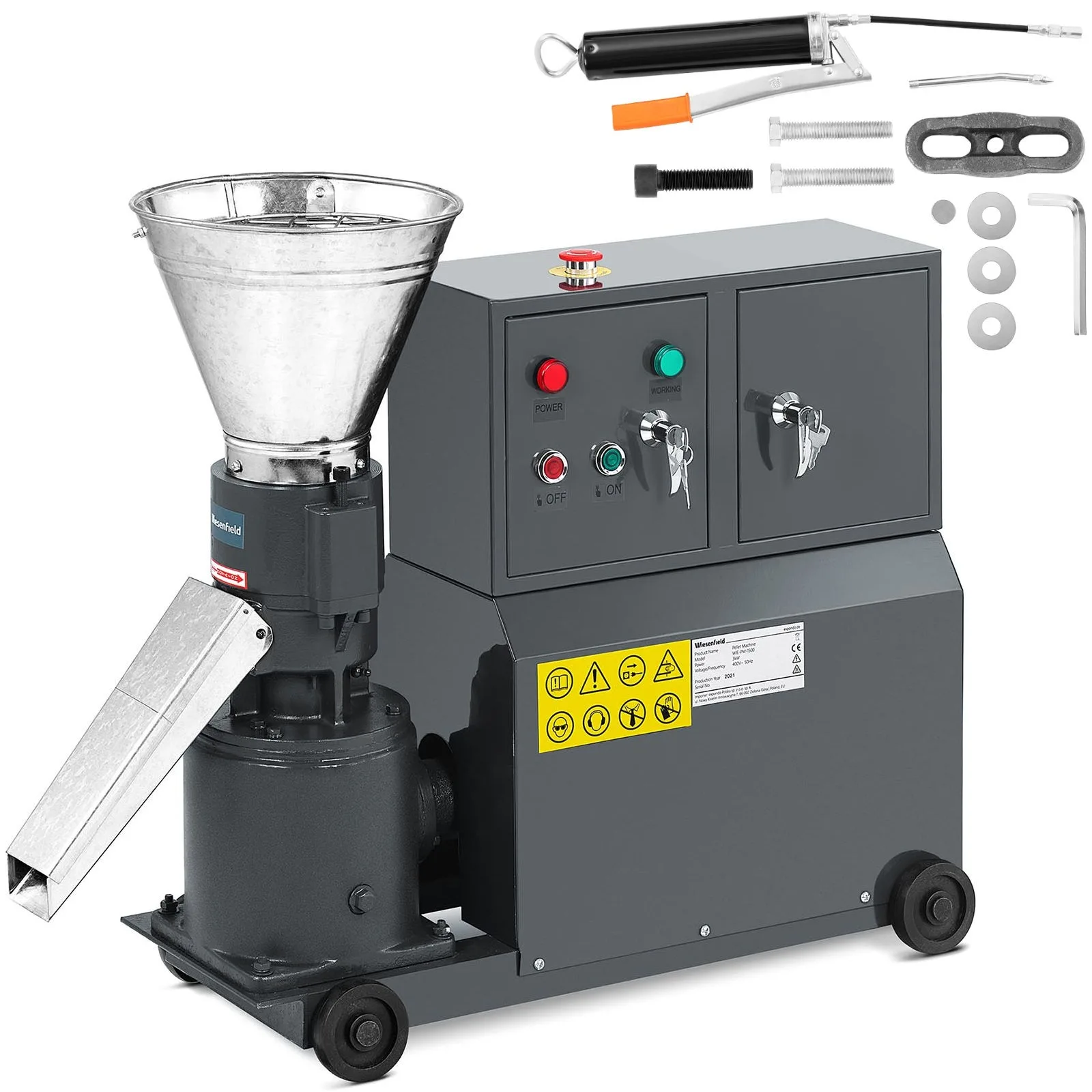 Pellettgyártó, granulátor, mobil fűrészpor- és takarmánypellett-készítő gép, 3 kW, 400 V, 100 kg/h, 120 mm átmérő