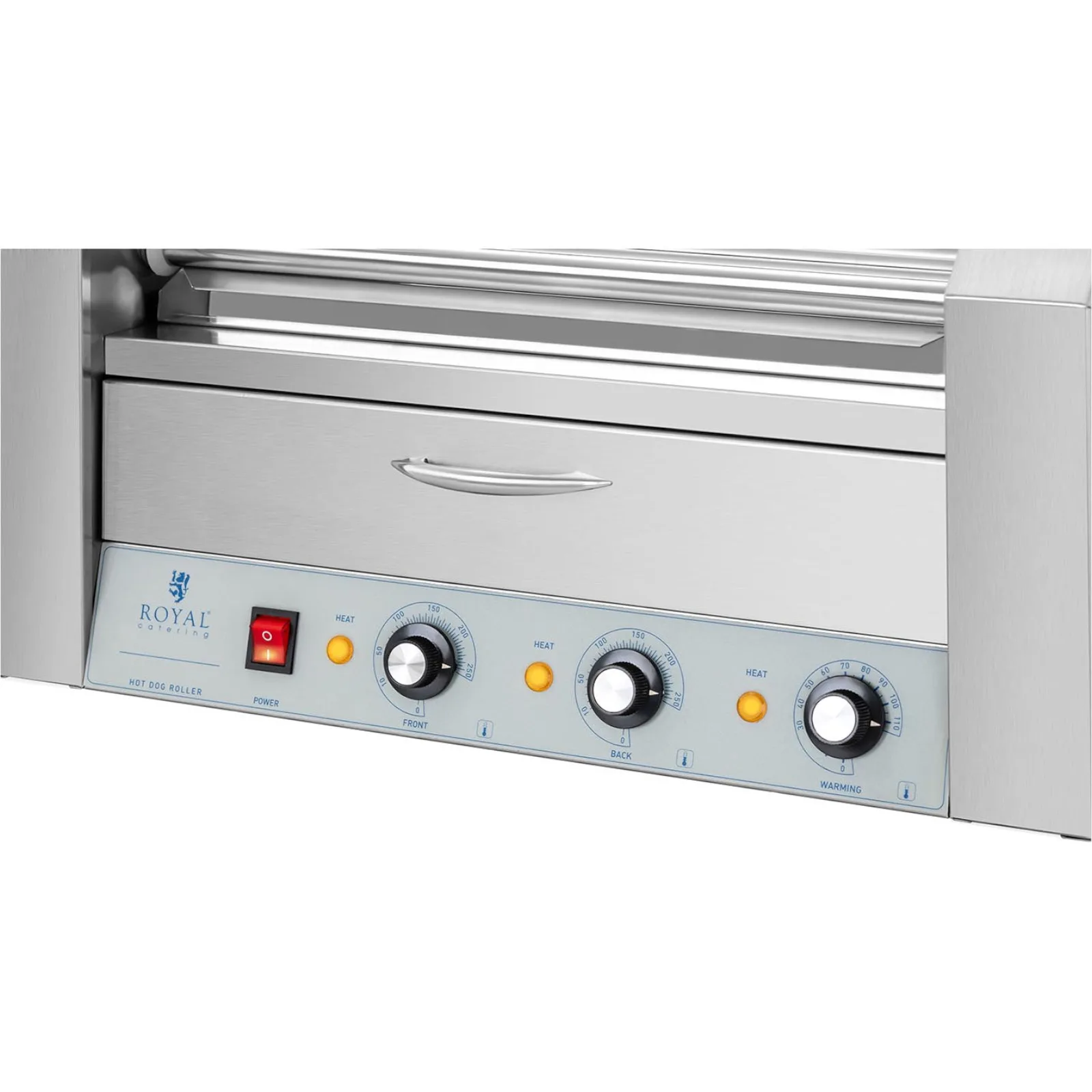 Hot dog roller grill with drawer and cover - 7 rollers 3