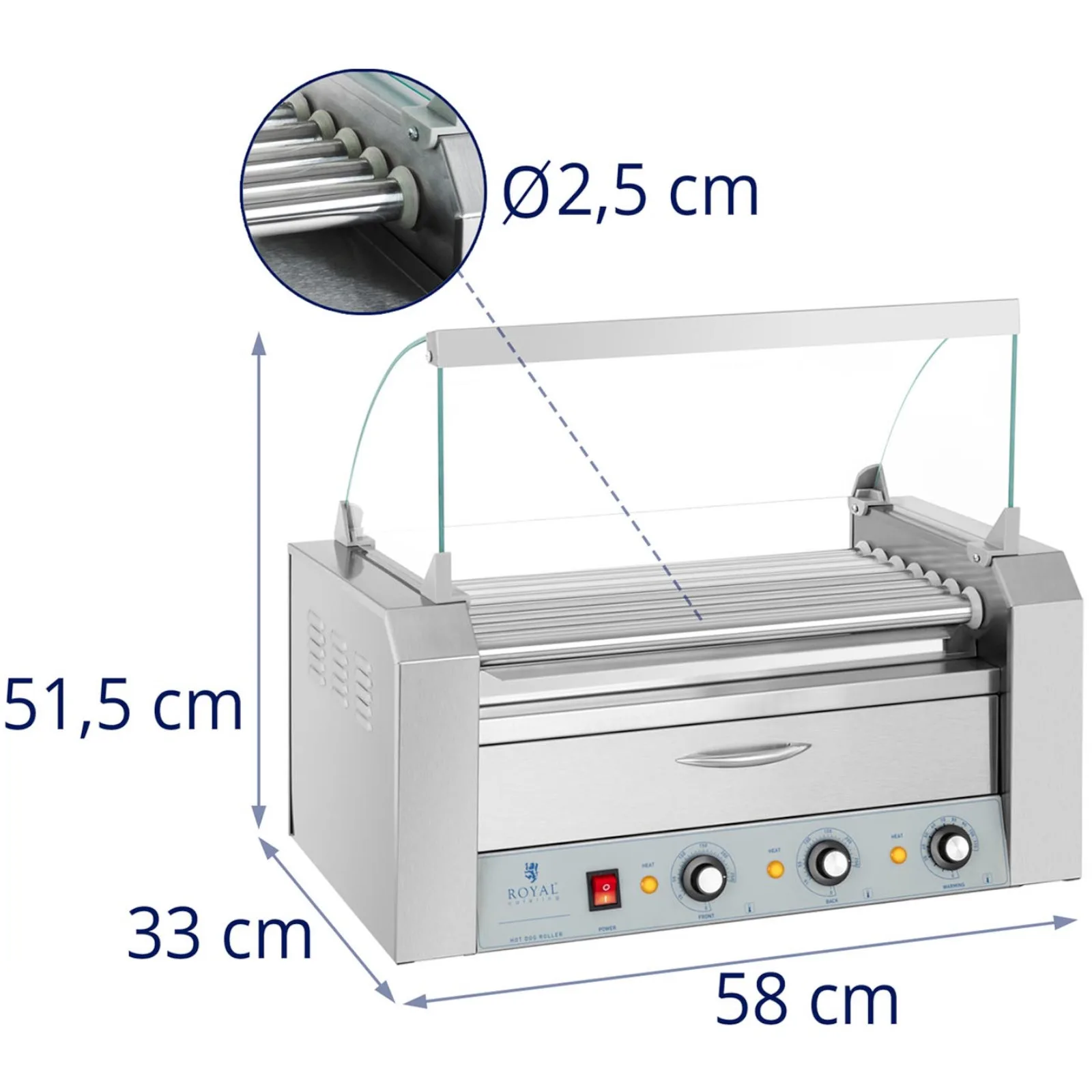 Hot dog roller grill with drawer and cover - 7 rollers 7