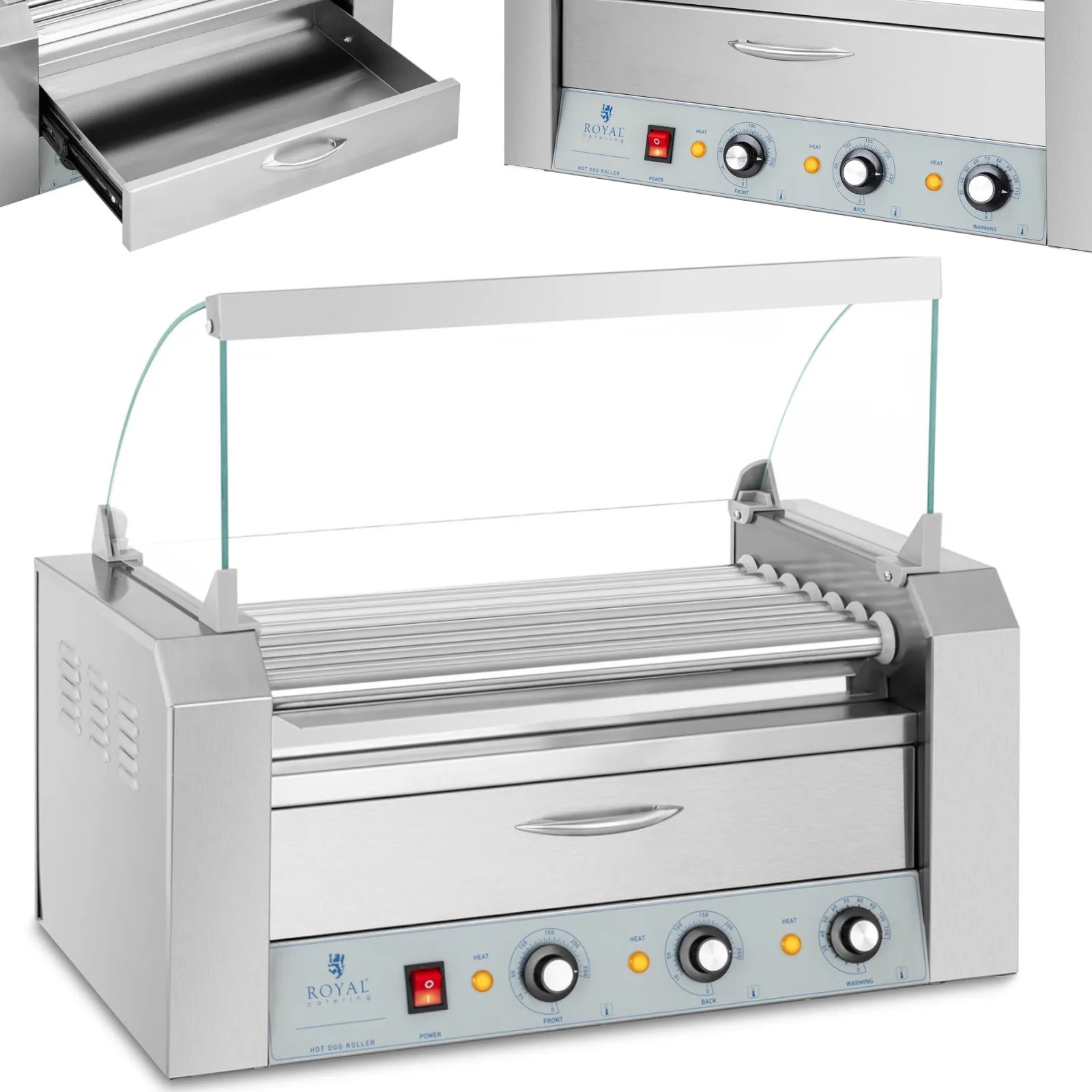 Hot dog-grill fiókkal és fedéllel – 7 görgő
