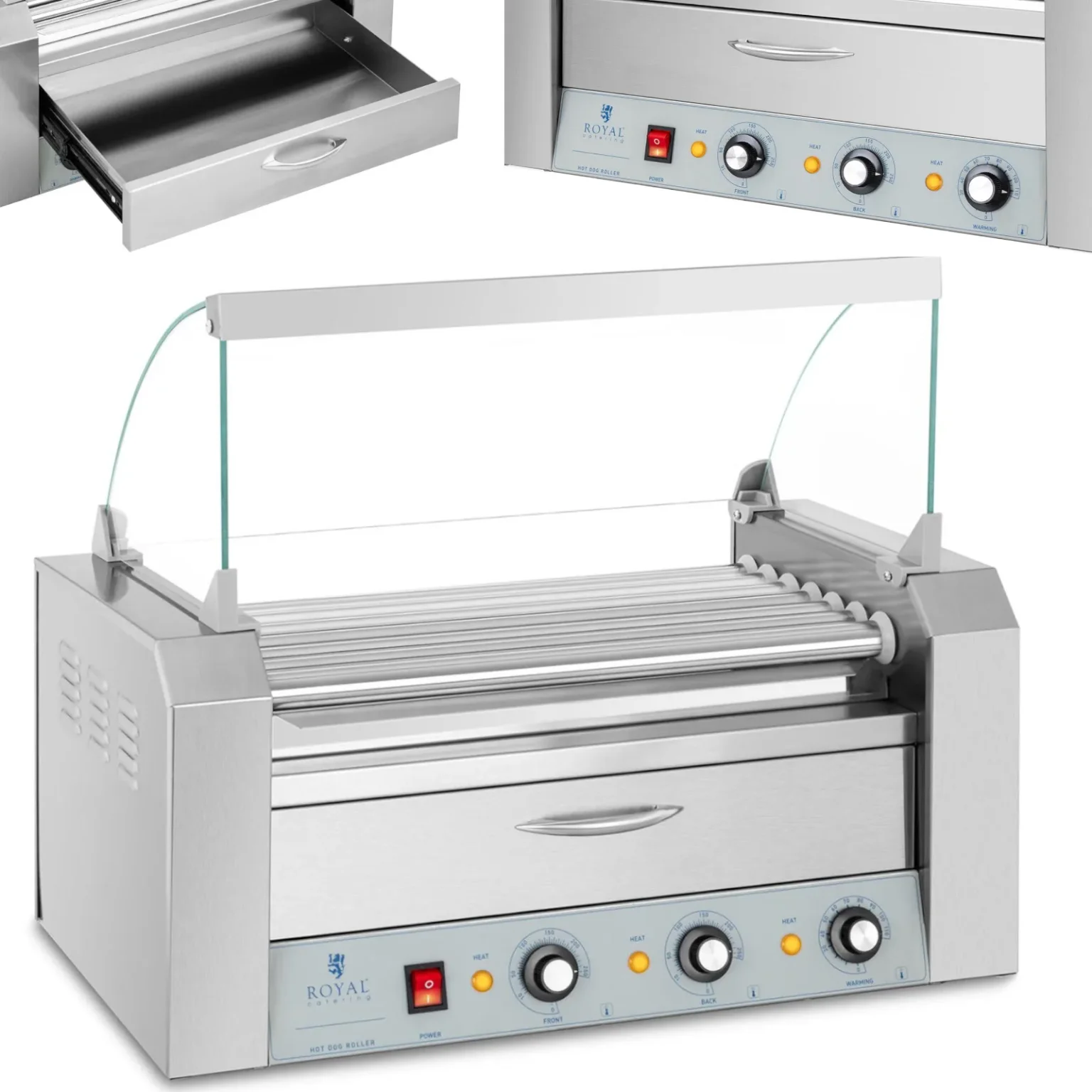 Hot dog-grill fiókkal és fedéllel – 7 görgő Hot dog-grill fiókkal és fedéllel – 7 görgő