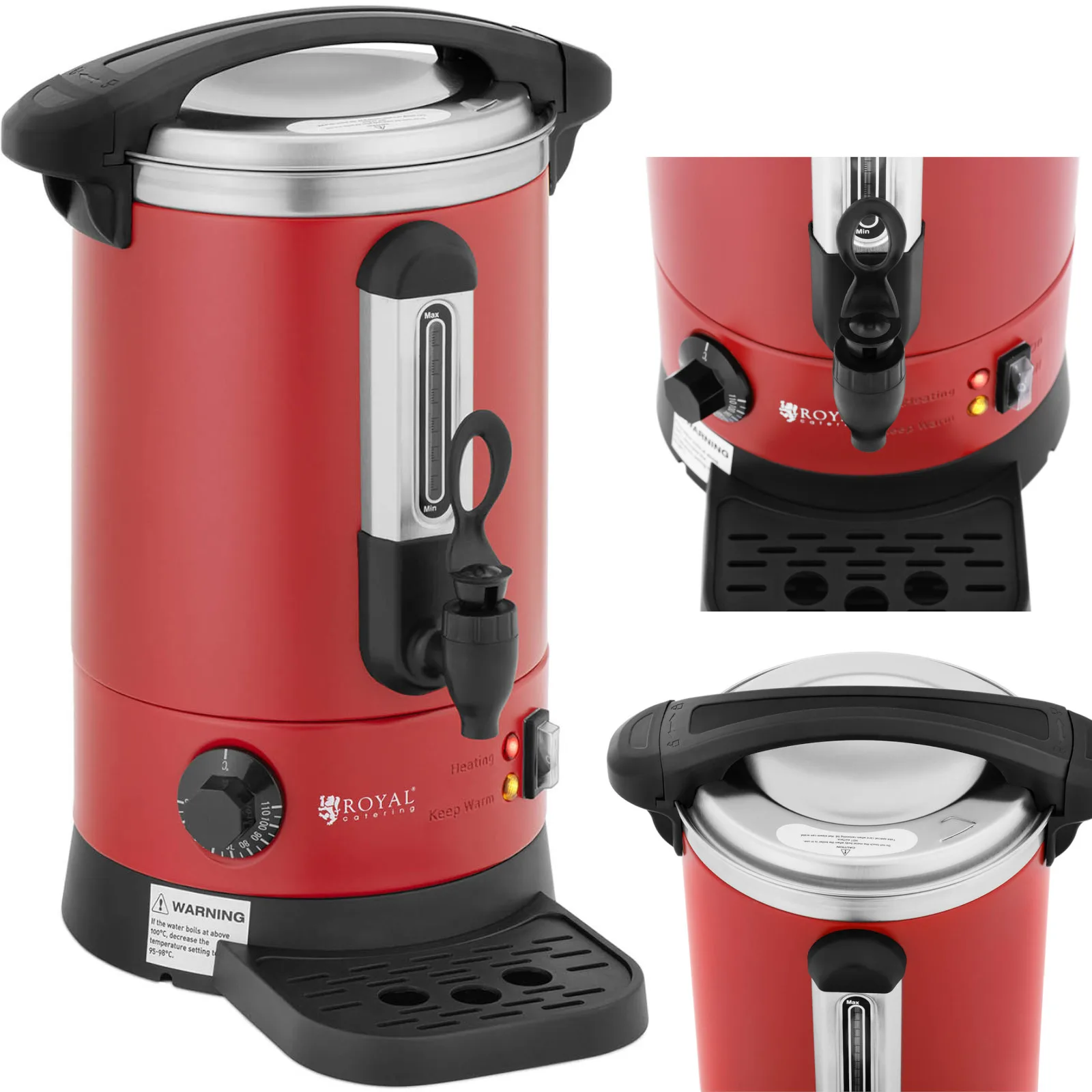 Kettős falú vízmelegítő cseppfelfogó tállal, 6,1 l, 1500 W, piros