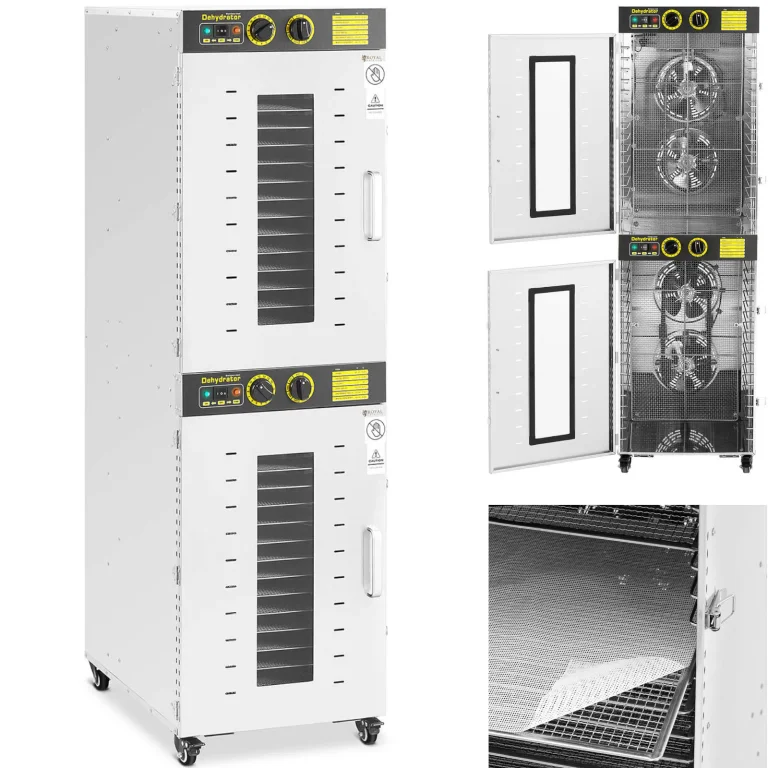 Ipari élelmiszer-, gyógynövény- és gyümölcsszárító, 2 kamra, 32 rács, 40–90 °C, 3150 W
