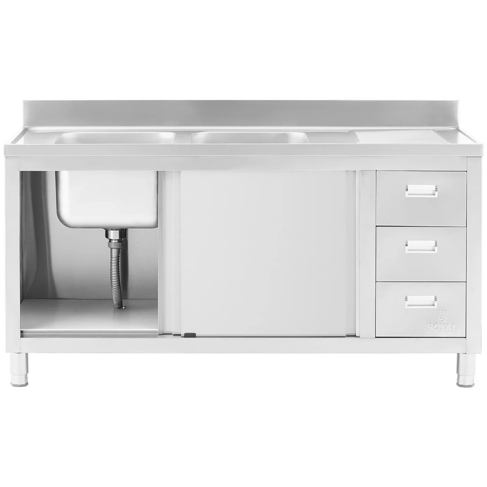 Double-bowl commercial sink with cabinet featuring sliding doors and drawers, steel, 160 x 60 x 95 cm 6