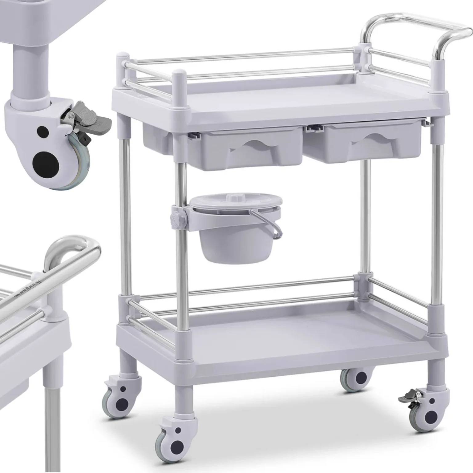 Orvosi eljárási kocsi laboratóriumokhoz, 2 polccal, 2 fiókkal, kosárral Orvosi eljárási kocsi laboratóriumokhoz, 2 polccal, 2 fiókkal, kosárral