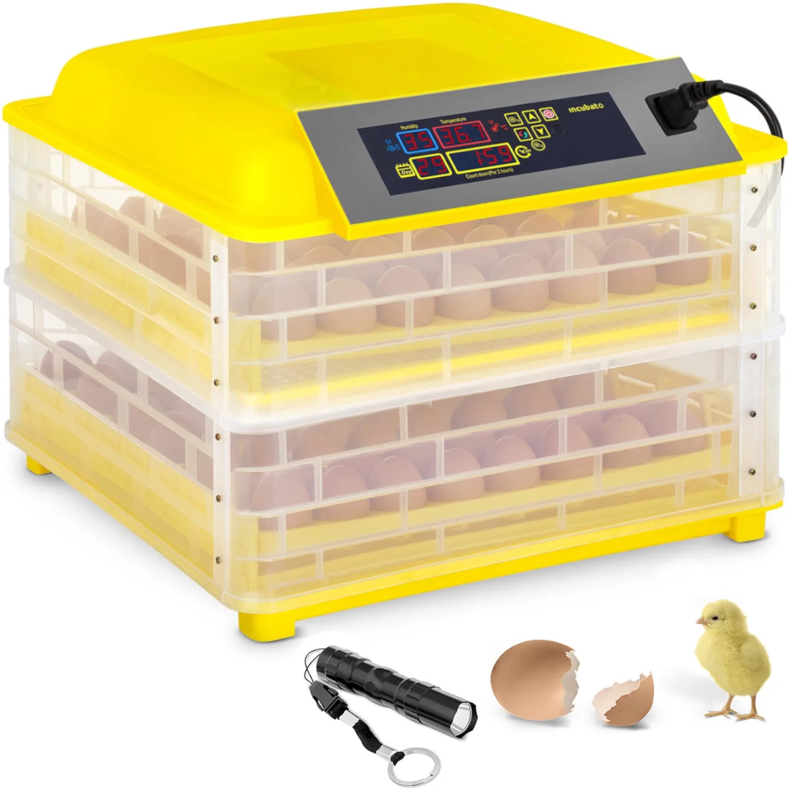 Keltető és kikelőgép akár 112 csirke tojáshoz, 120 W + tojásmegfigyelő 2
