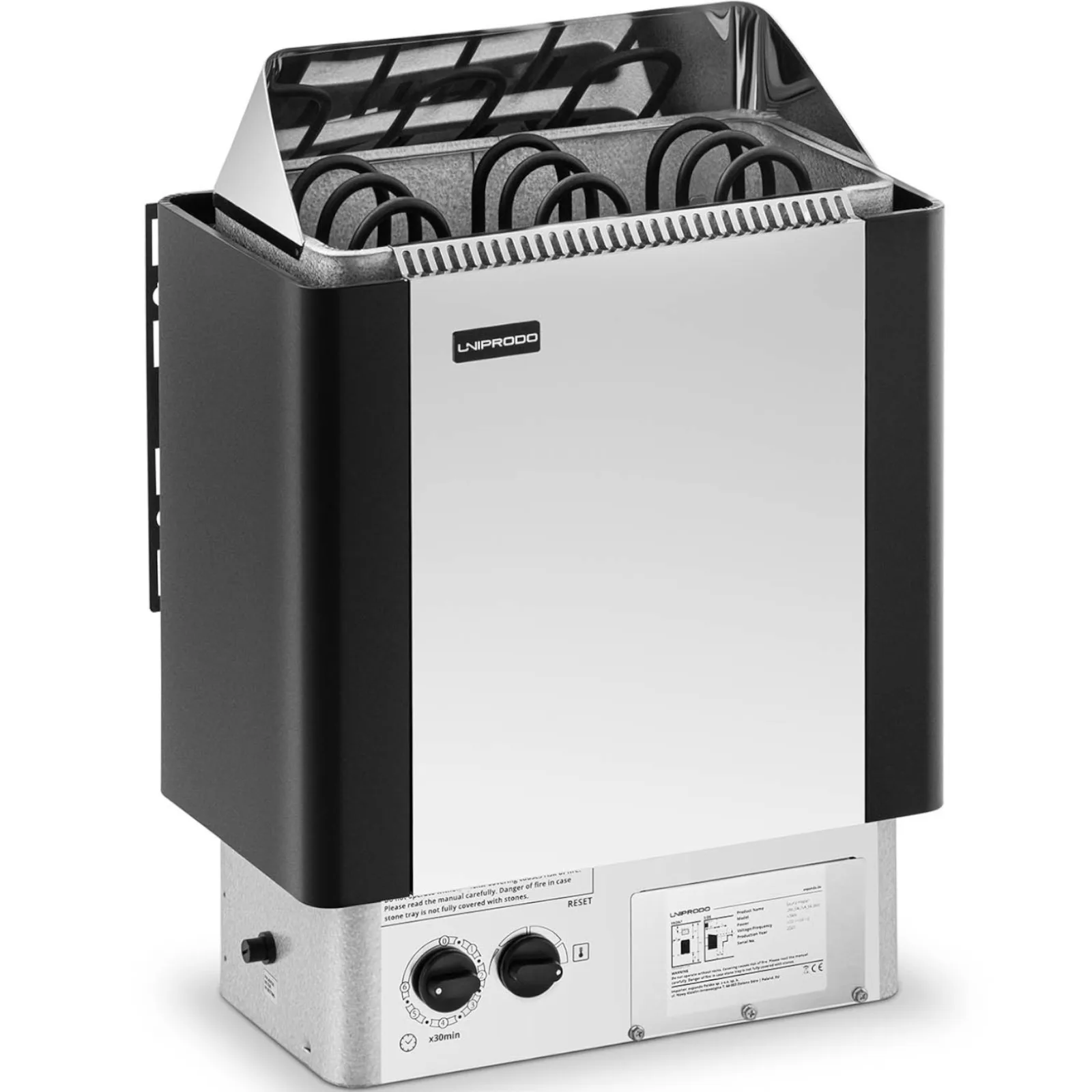 Beépített vezérlésű elektromos szaunafűtő, 3–6 m³, 110 °C-ig, 400 V, 4,5 kW, ezüst-fekete
