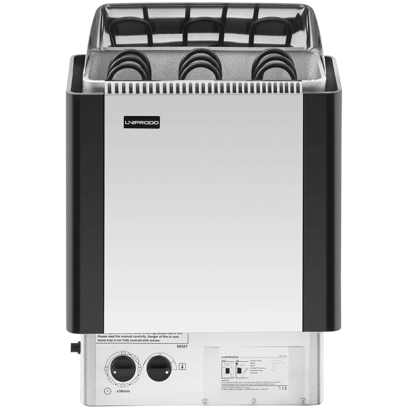 Încălzitor electric pentru saună cu comandă încorporată, 3-6 m³ până la 110 °C, 400 V, 4,5 kW, argintiu-negru 7