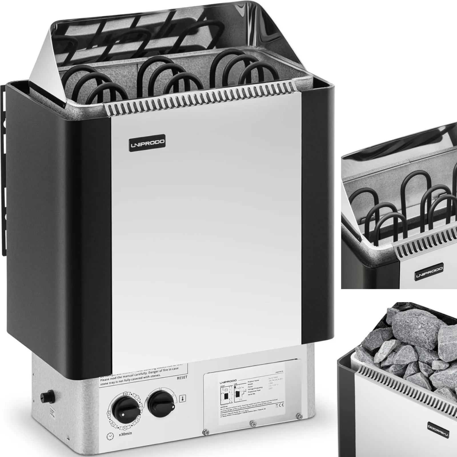 Beépített vezérlésű elektromos szaunafűtő, 3–6 m³, 110 °C-ig, 400 V, 4,5 kW, ezüst-fekete