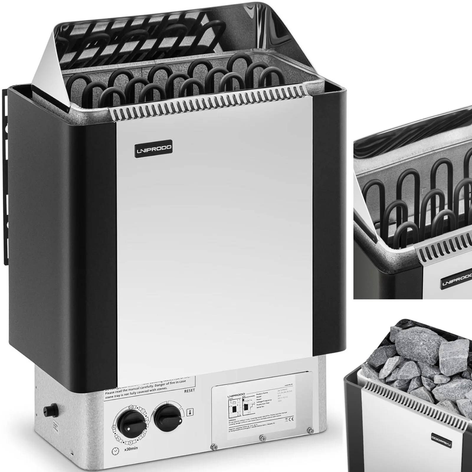 Elektromos szaunakályha beépített vezérléssel, 8–12 m³, max. 110 °C, 400 V, 8 kW, ezüst-fekete