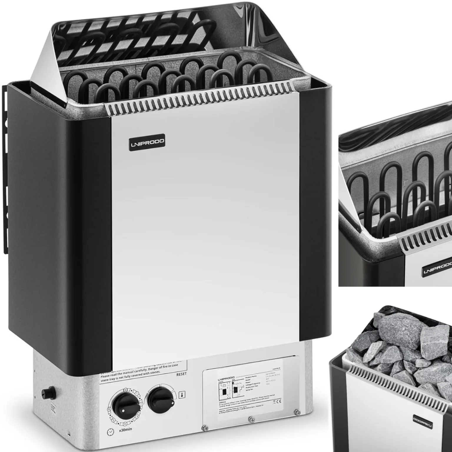 Electric sauna heater with built-in control, 8-12 m³, up to 110°C, 400 V, 8 kW, silver-black