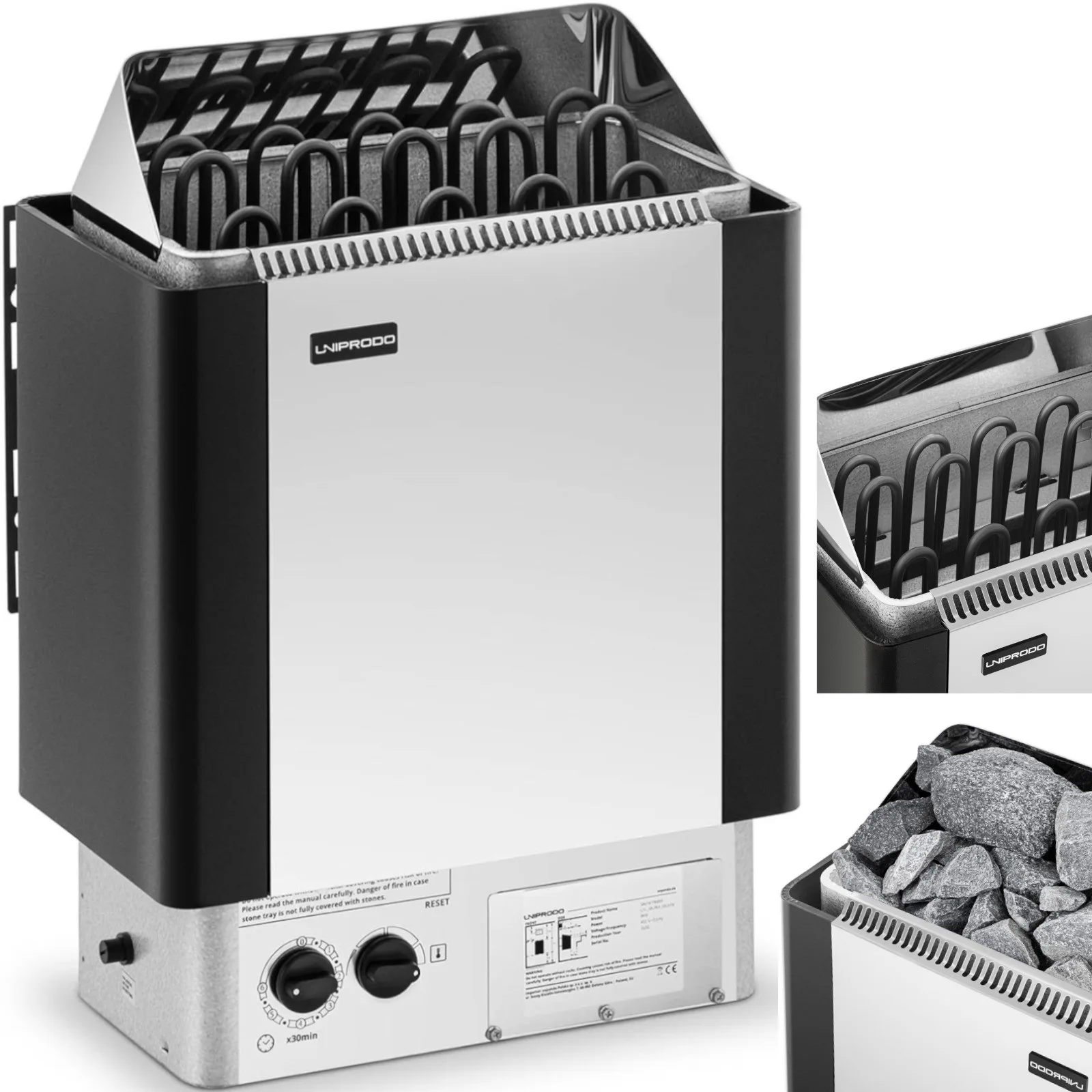 Elektromos szaunakályha beépített vezérléssel, 9–13 m³, max. 110 °C, 400 V, 9 kW, ezüst-fekete