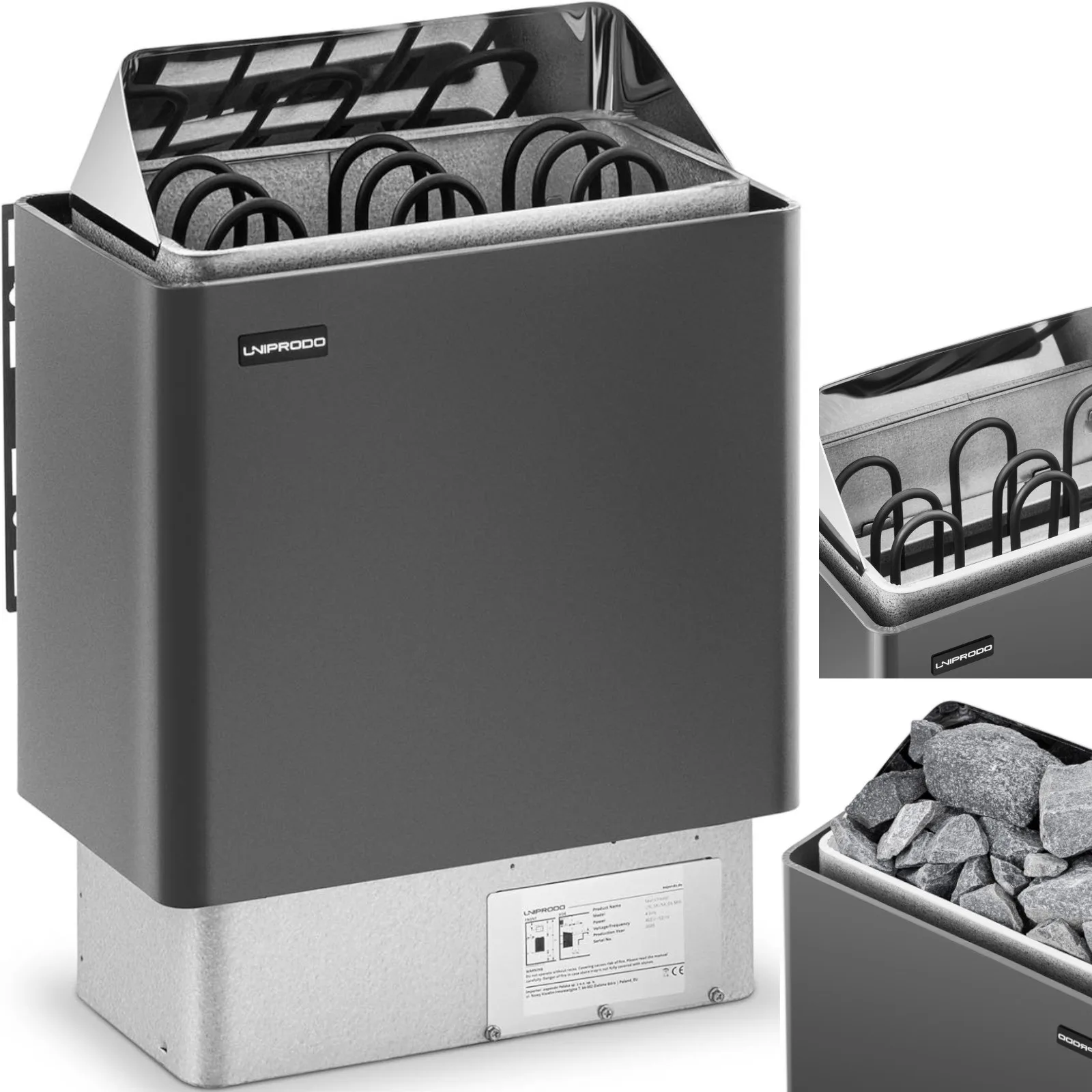 Elektromos szaunafűtő 3–6 m³, 110 °C-ig, 400 V, 4,5 kW, fekete és ezüst