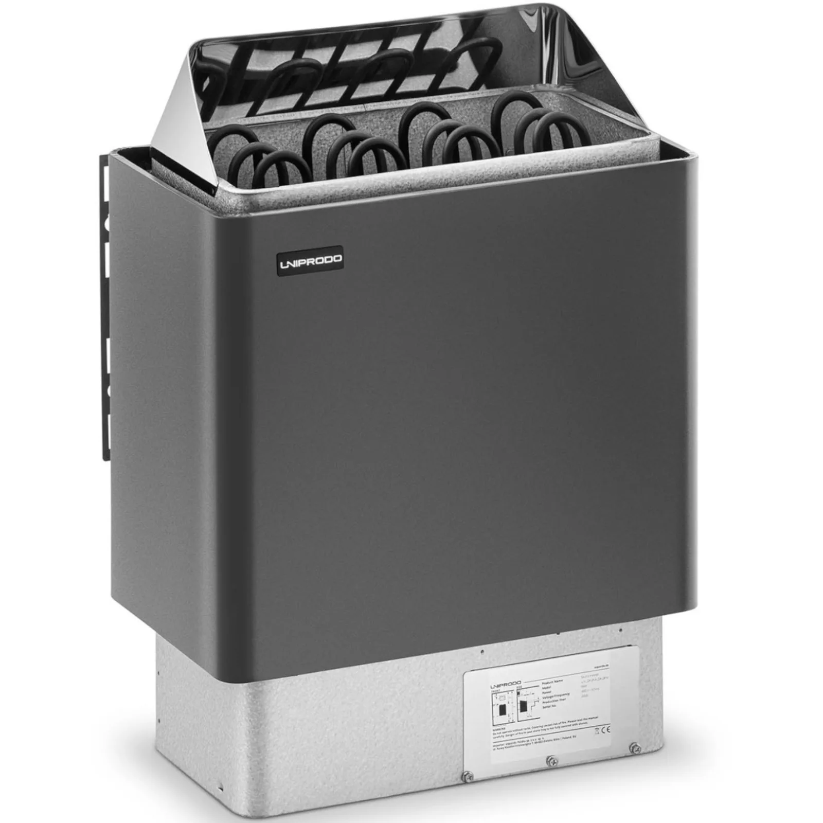 Elektromos szaunafűtő 5–9 m³, 110 °C-ig, 400 V, 6 kW, fekete és ezüst