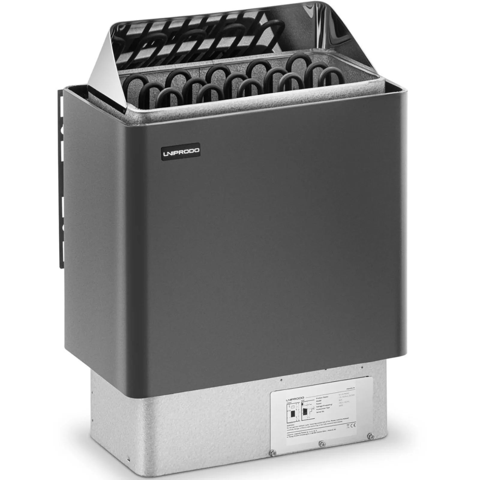 Elektromos szaunafűtő 8–12 m³, 110 °C-ig, 400 V, 8 kW, fekete és ezüst