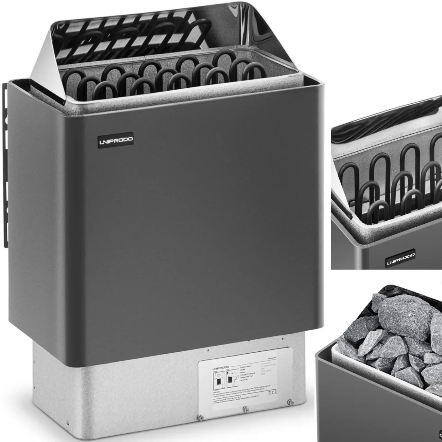 Elektromos szaunafűtő 8–12 m³, 110 °C-ig, 400 V, 8 kW, fekete és ezüst Elektromos szaunafűtő 8–12 m³, 110 °C-ig, 400 V, 8 kW, fekete és ezüst