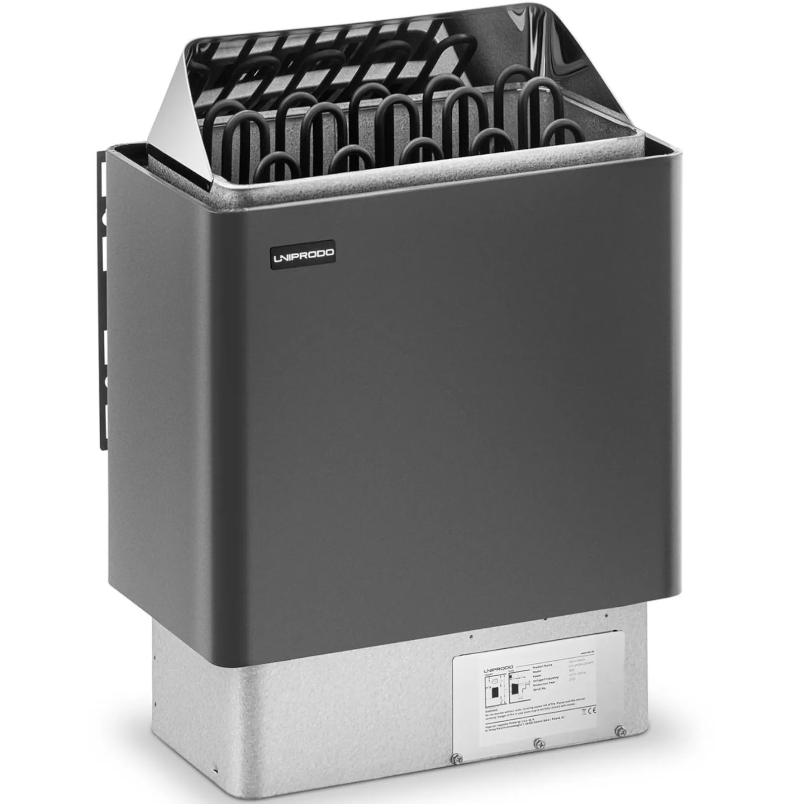 Elektromos szaunafűtő 9–13 m³, 110 °C-ig, 400 V, 9 kW, fekete és ezüst