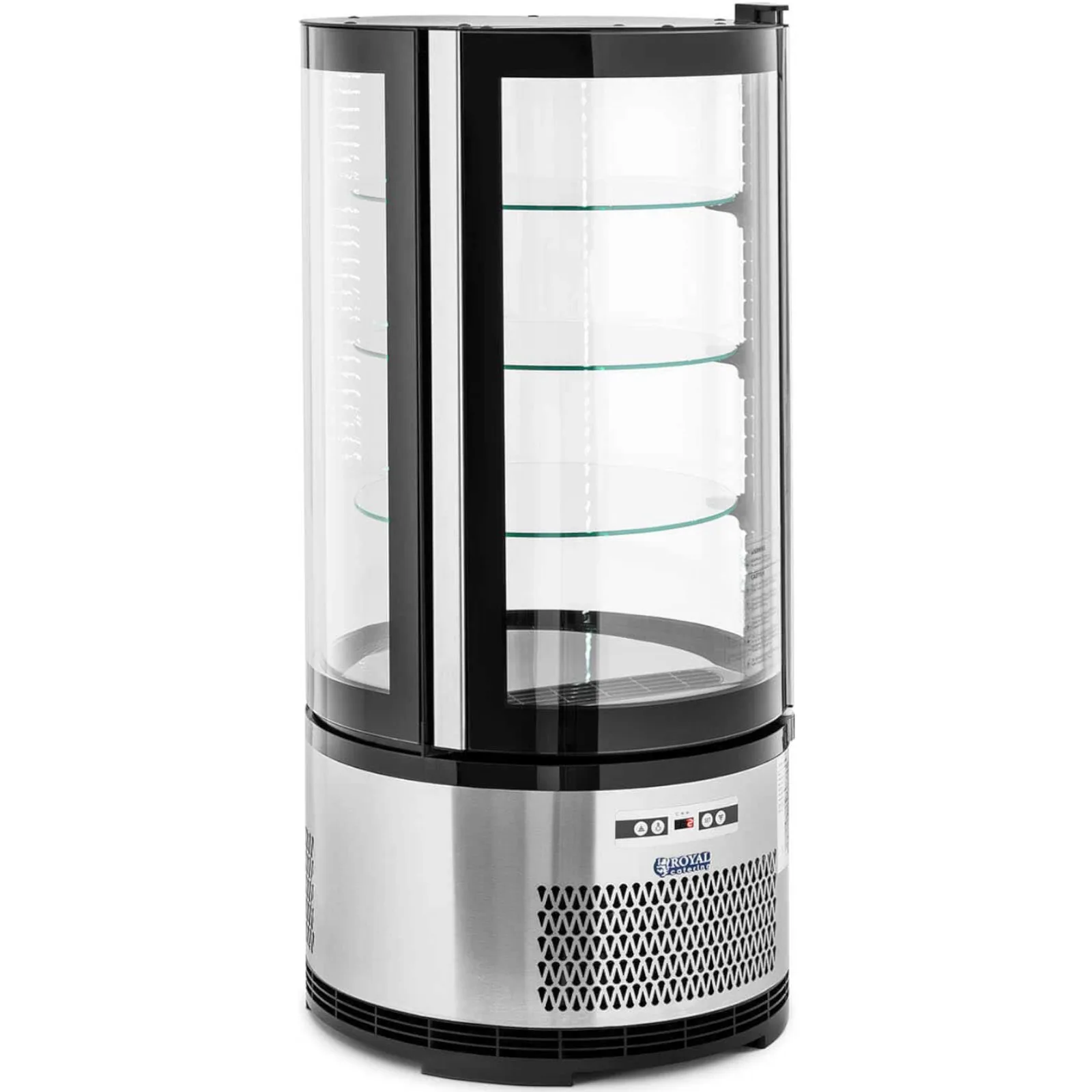 Kerek LED-kijelzős hűtővitrin, 4 szint, 102 l, fekete és ezüst