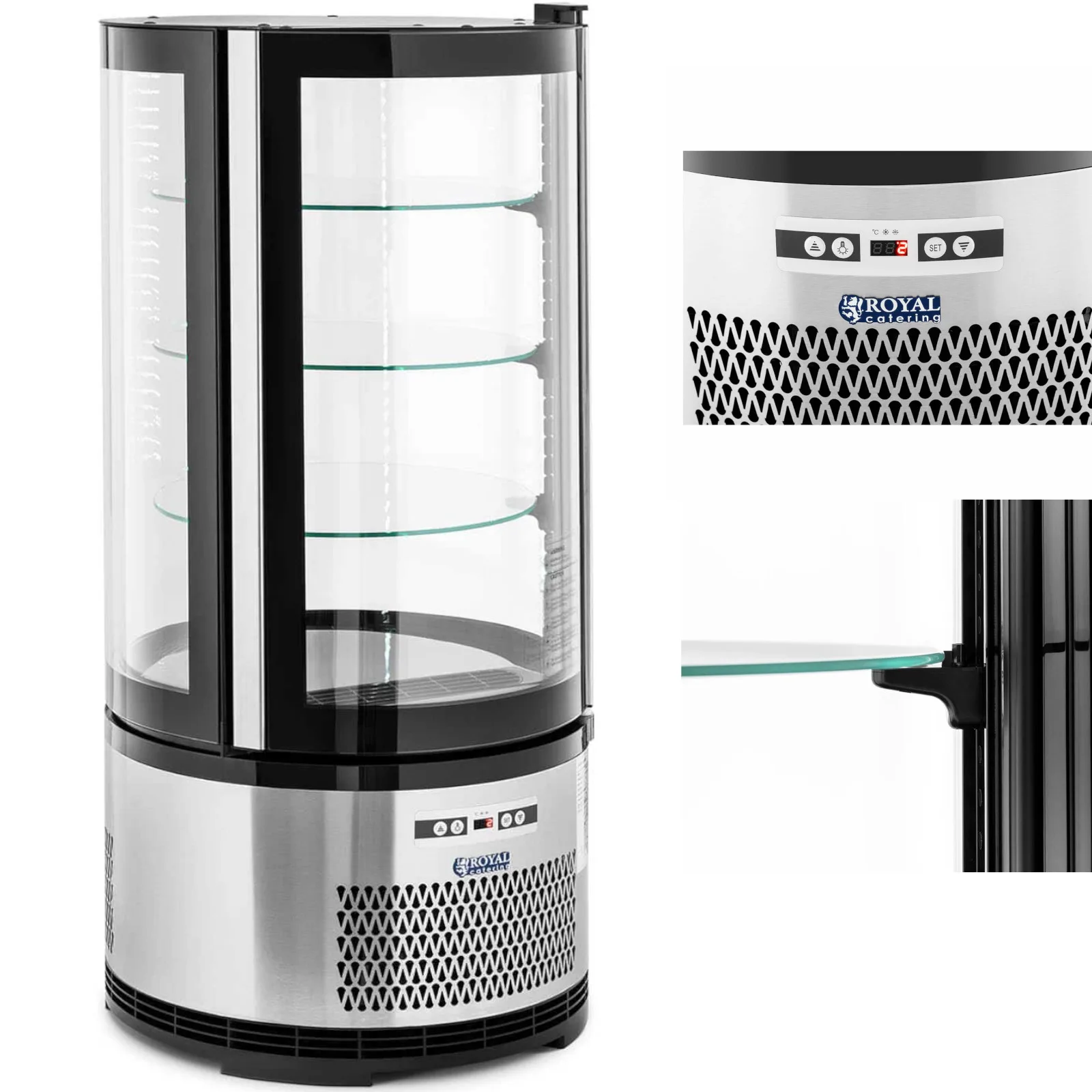 Kerek LED-kijelzős hűtővitrin, 4 szint, 102 l, fekete és ezüst