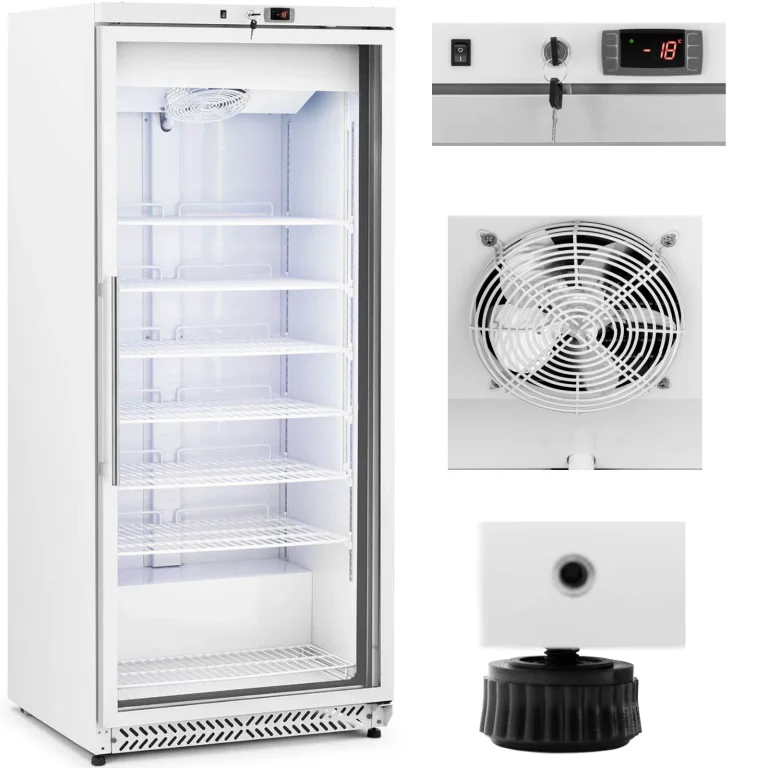 Üvegajtós fagyasztószekrény, 7 polccal, 580 l, 492 mm széles – fehér