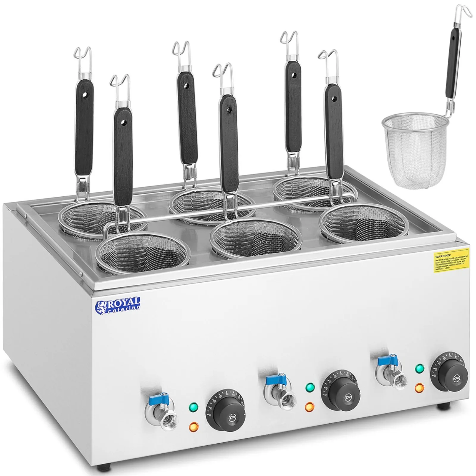 Tésztasütő csapokkal, 6 kosárral, 3 x 6,5 l, 3000 W