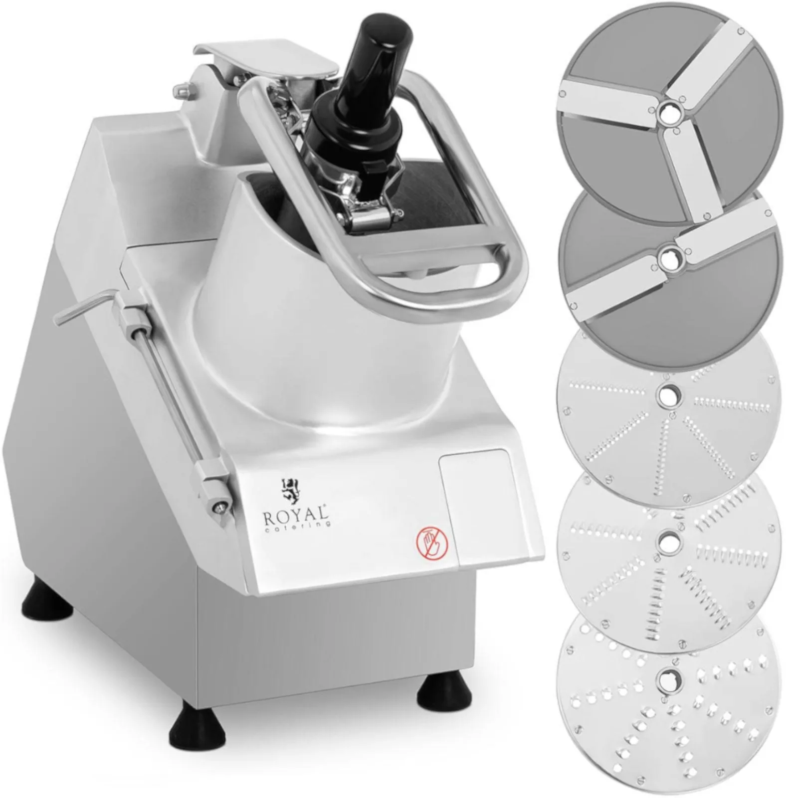Elektromos zöldség- és gyümölcsszeletelő/reszelő, 205 mm átmérő, 5 tárcsa, 750 W
