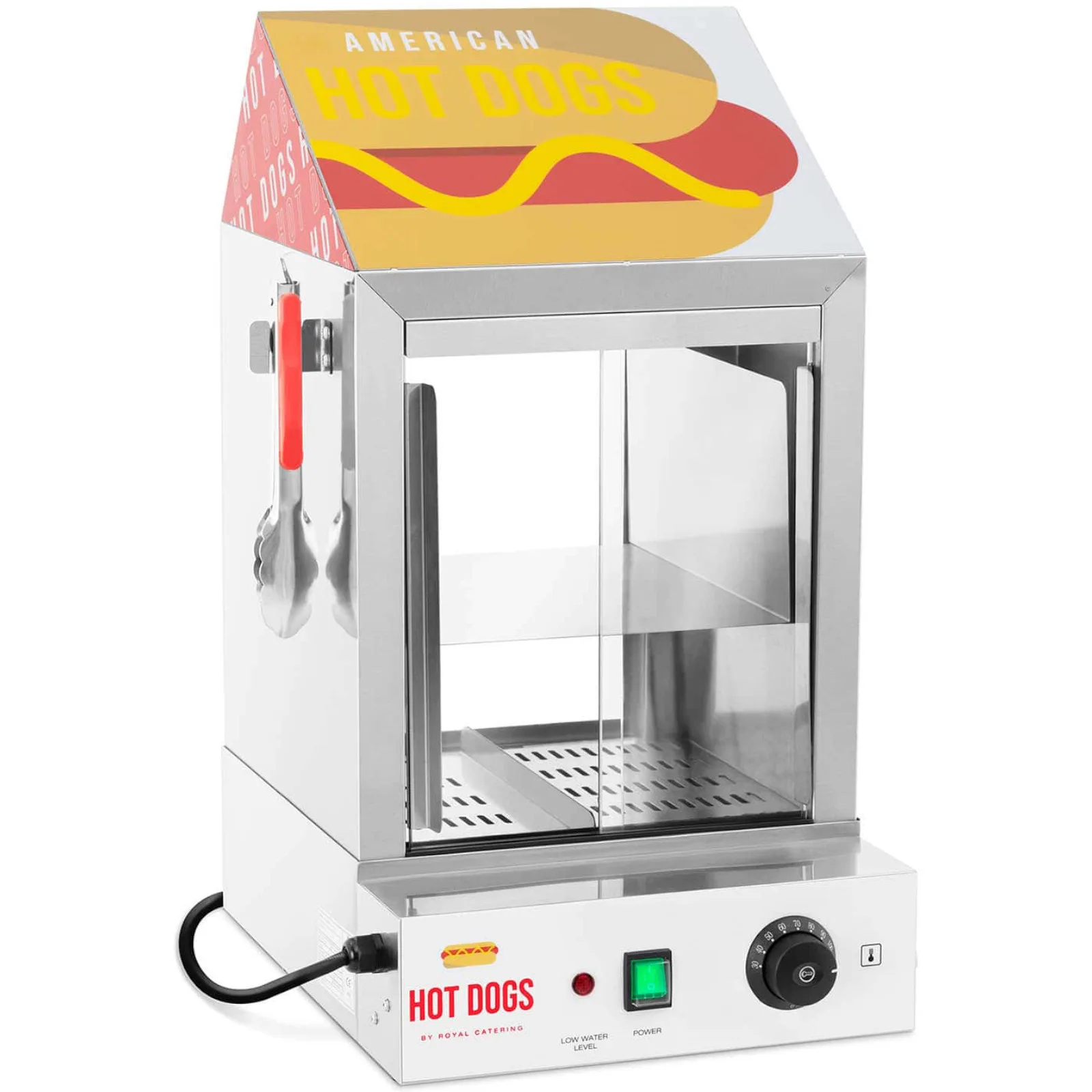 Fűtőberendezés, vitrin, 100 hot dog, 25 zsemle melegítésére alkalmas, 1000 W