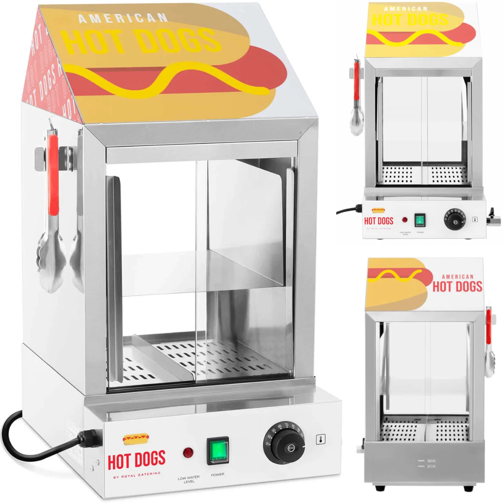 Fűtőberendezés, vitrin, 100 hot dog, 25 zsemle melegítésére alkalmas, 1000 W