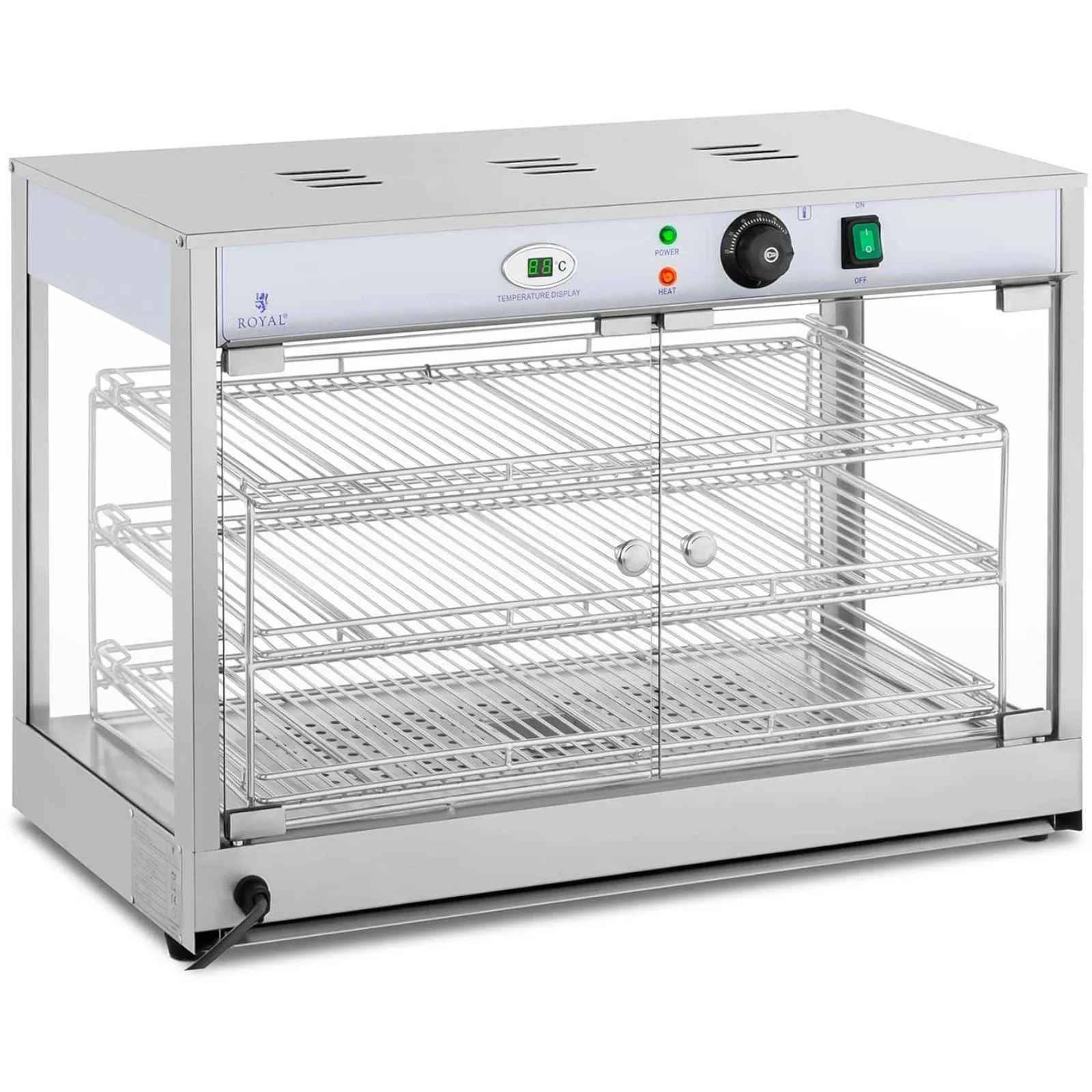 Beheizte Vitrine zur Lebensmittelpräsentation, 3 Einlegeböden, 25–85 °C, 1200 W 2