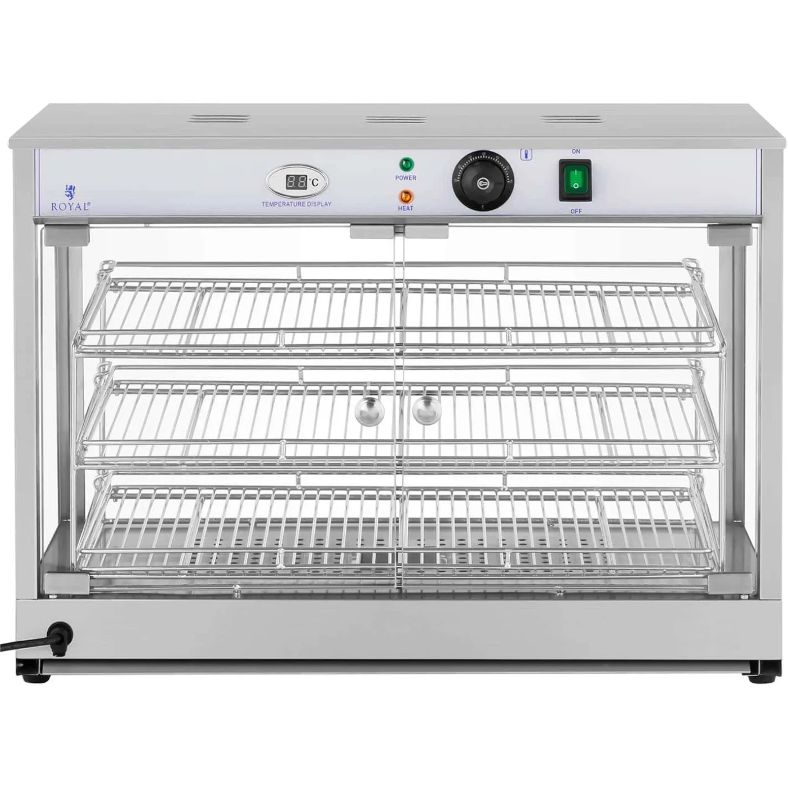 Beheizte Vitrine zur Lebensmittelpräsentation, 3 Einlegeböden, 25–85 °C, 1200 W 3