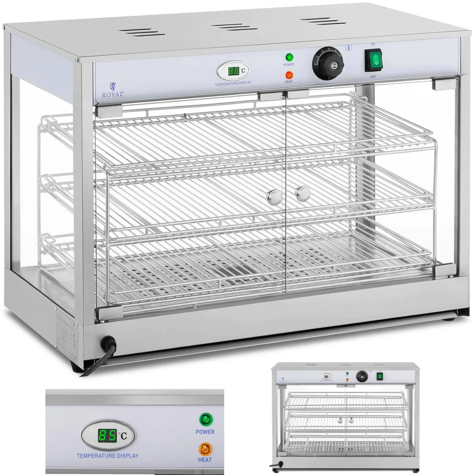 Fűtött vitrin élelmiszer-kínáláshoz, 3 polccal, 25–85 °C, 1200 W