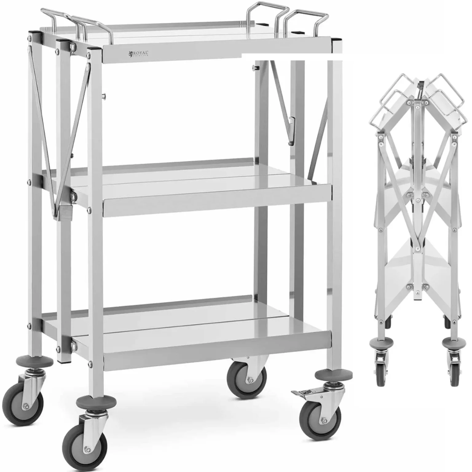 Zusammenklappbarer Catering-Wagen aus Edelstahl mit 3 Ablagen, bis zu 90 kg