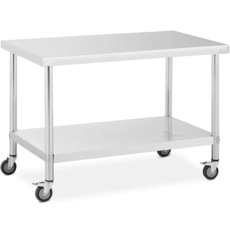 Fém vendéglátóipari asztal görgőkkel és polccal STAL 70 x 120 cm
