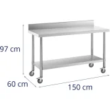Masă metalică de catering pe roți cu raft și margine, OȚEL, 60 x 150 cm 6