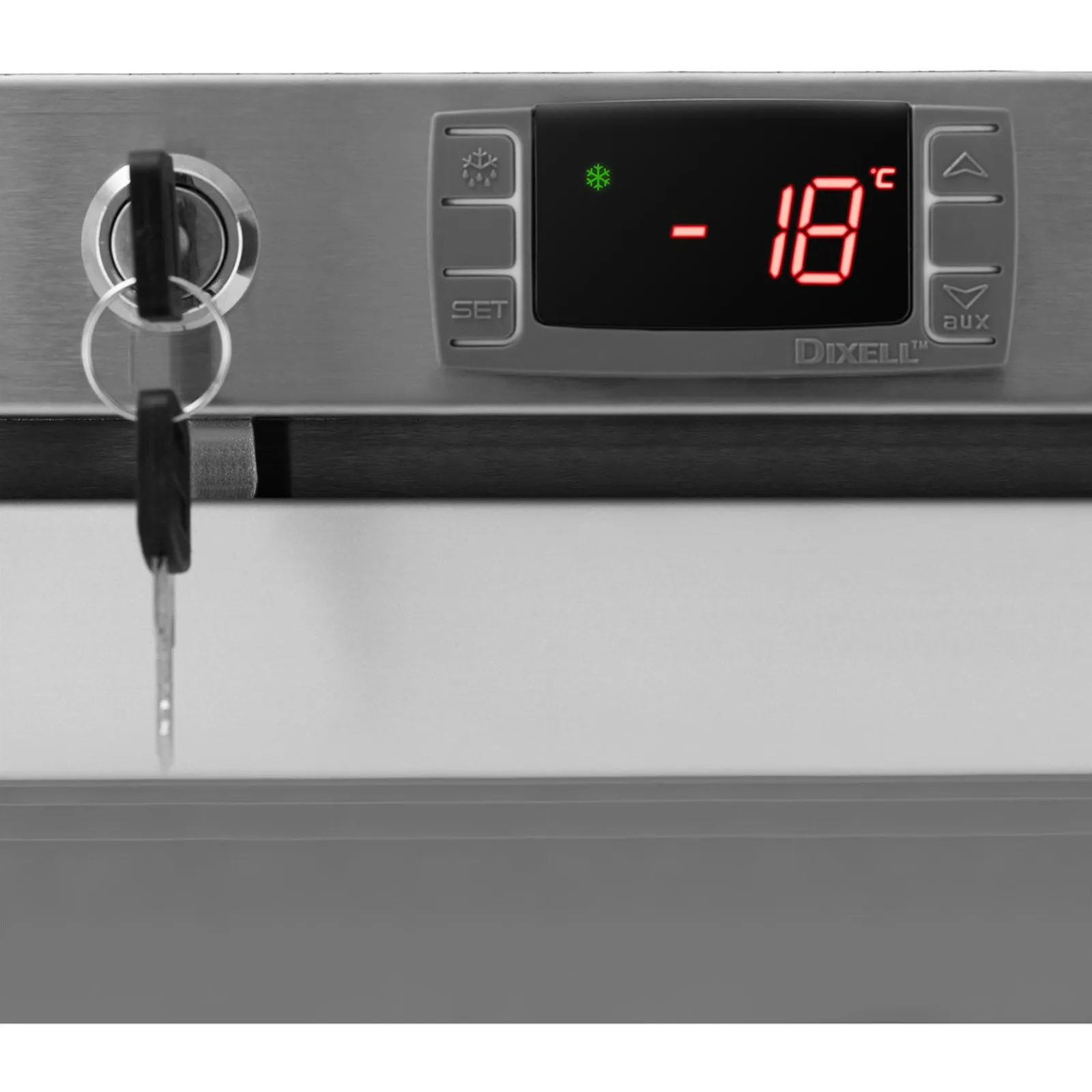 380 L glass-door chest freezer with lock, -18°C 3