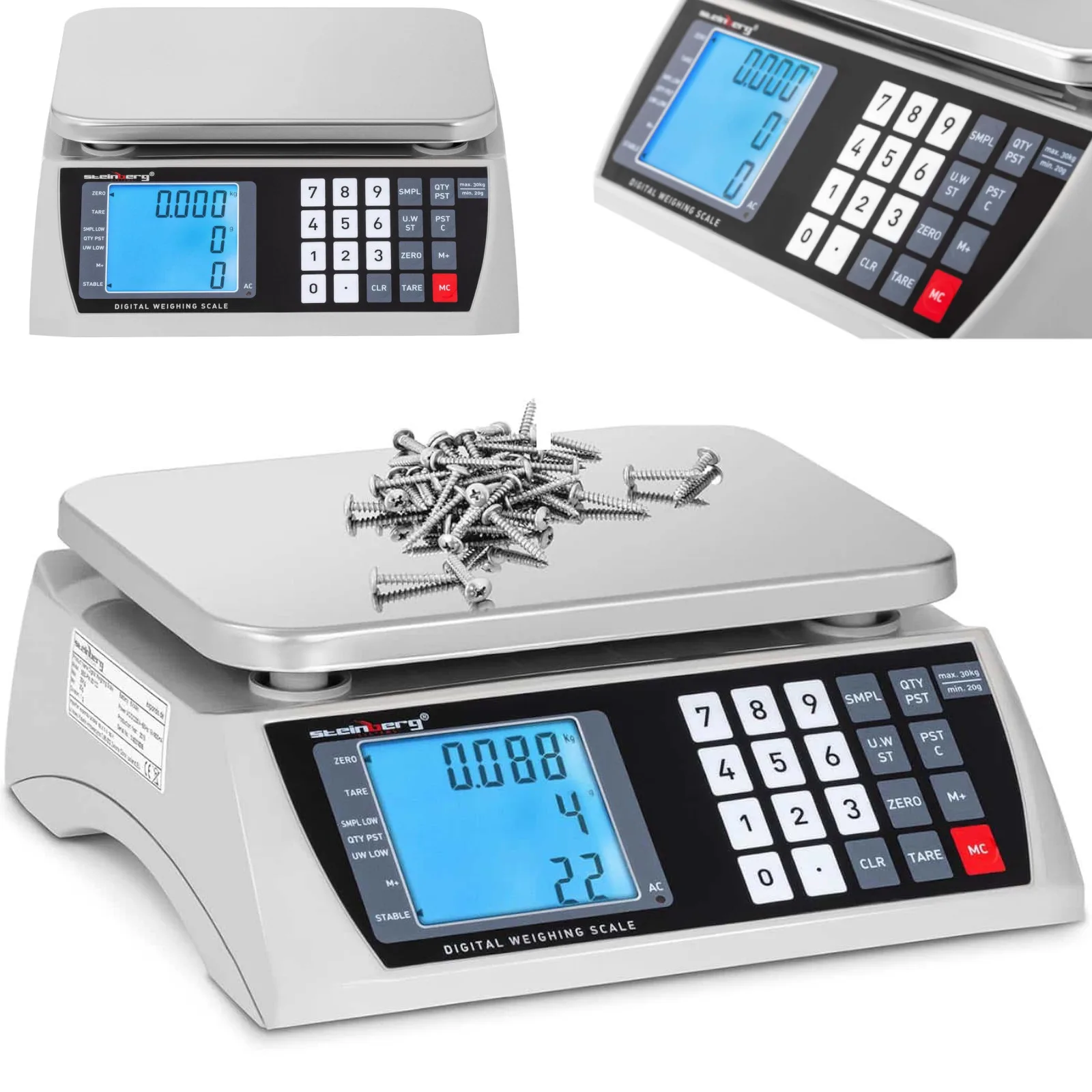 Kereskedelmi LCD számláló mérleg 22,3 x 17,4 cm 30 kg / 1 g