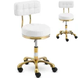 Beauty stool chair with backrest on wheels, up to 150 kg, GELA white and gold