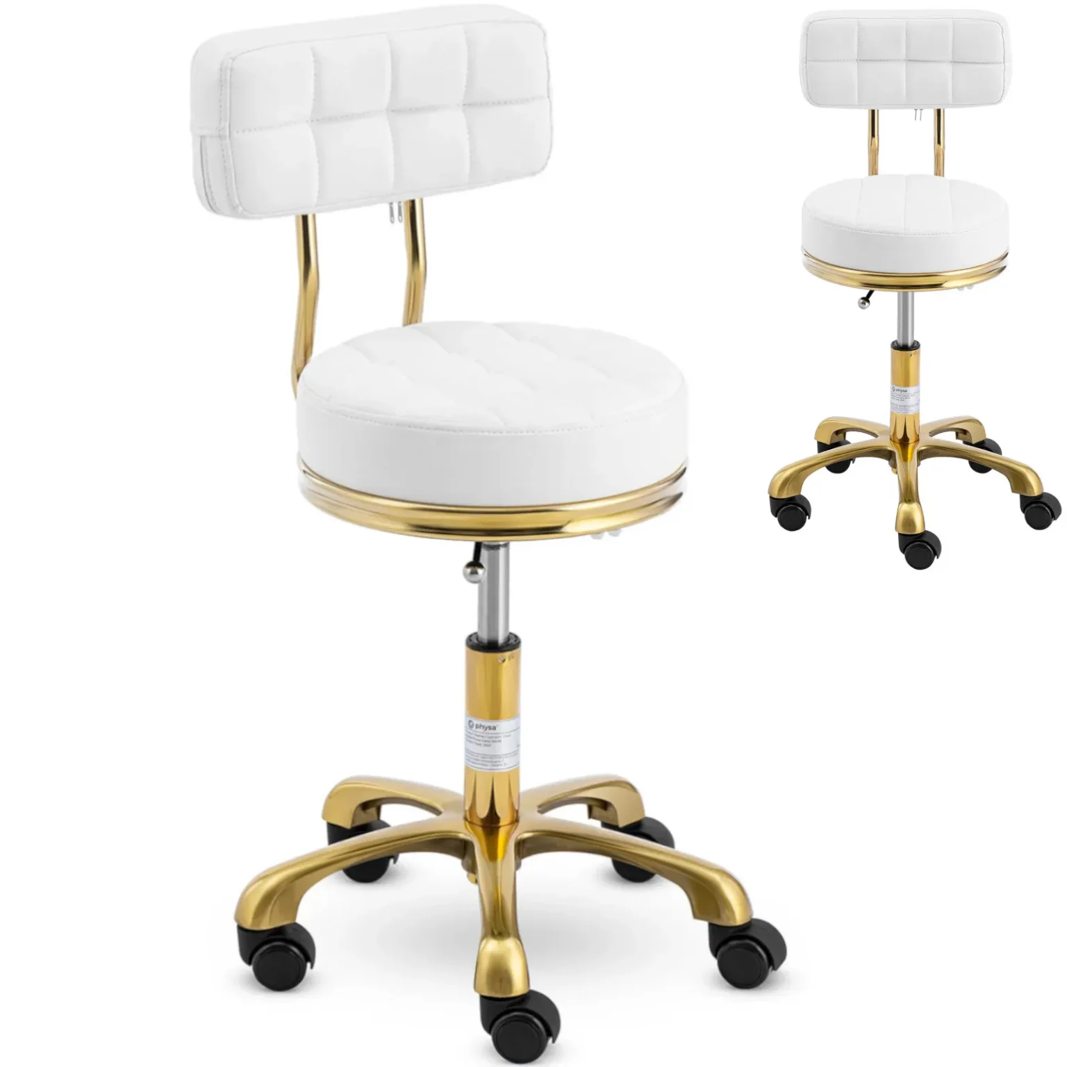 Beauty stool chair with backrest on wheels, up to 150 kg, GELA white and gold Beauty stool chair with backrest on wheels, up to 150 kg, GELA white and gold