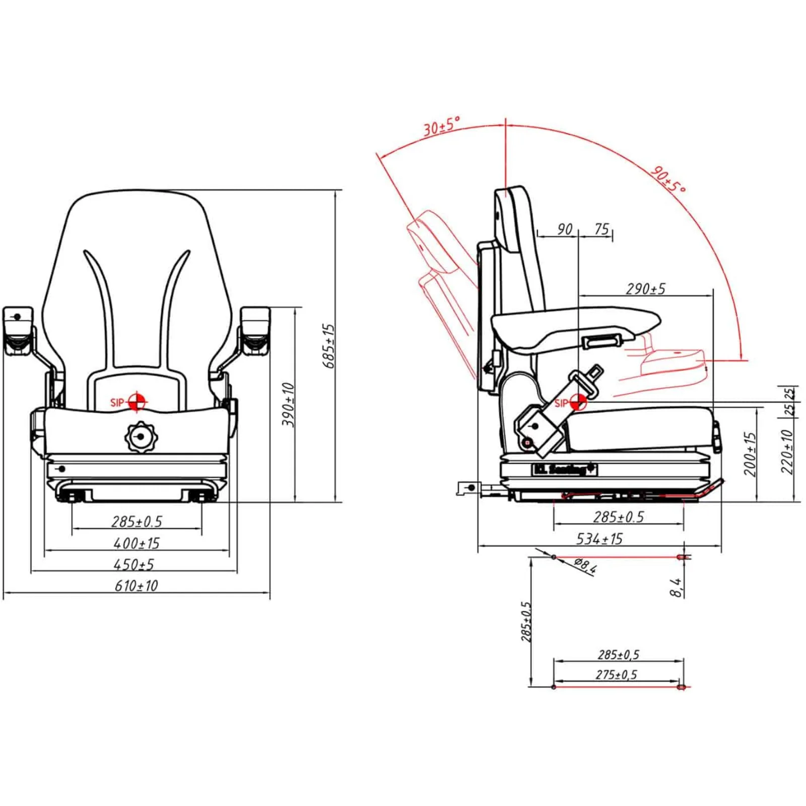 Adjustable seat with armrests and seat belt for tractor, seat dimensions 42x47cm 10