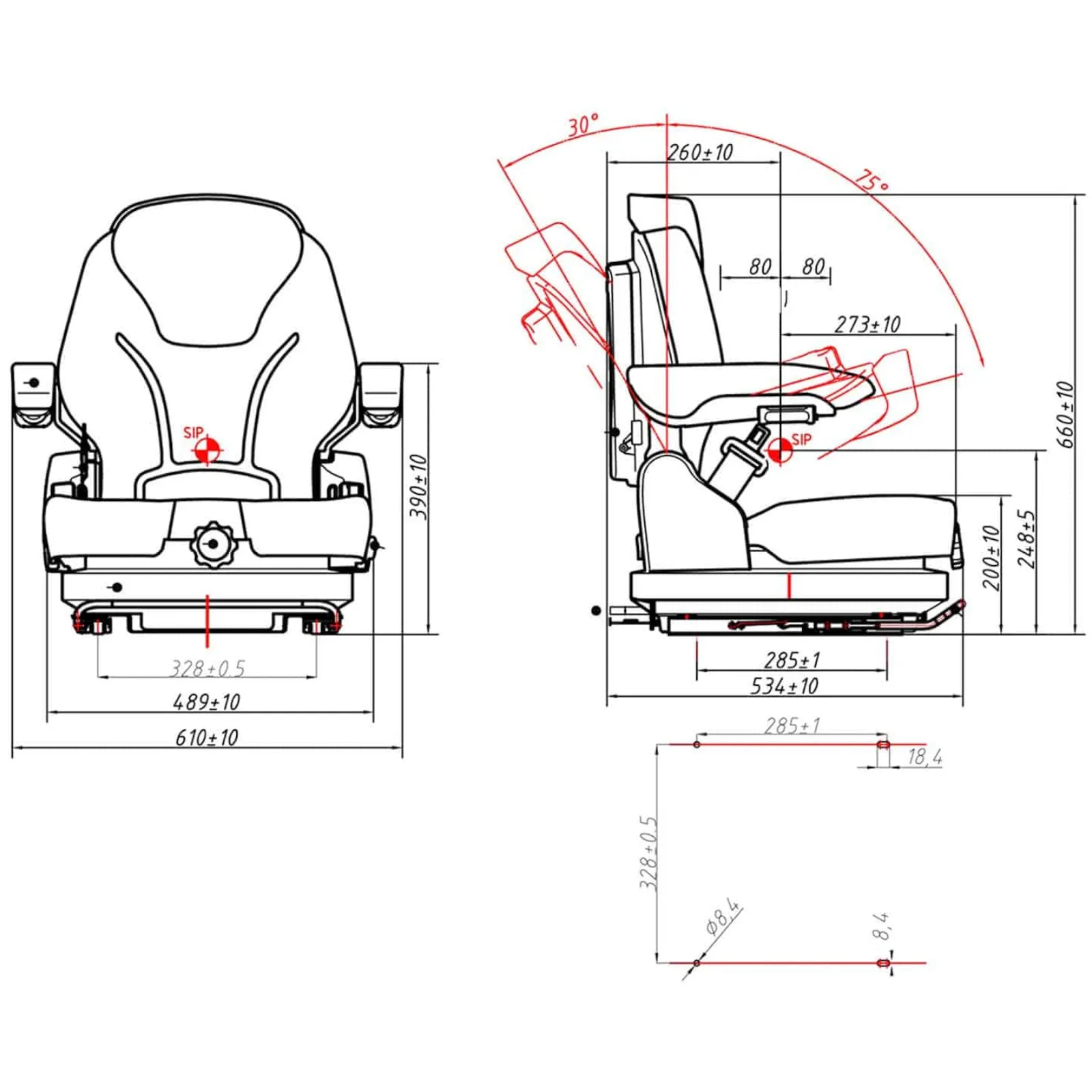Adjustable tractor seat with armrests and seat belt, seat dimensions 46x46 cm 9