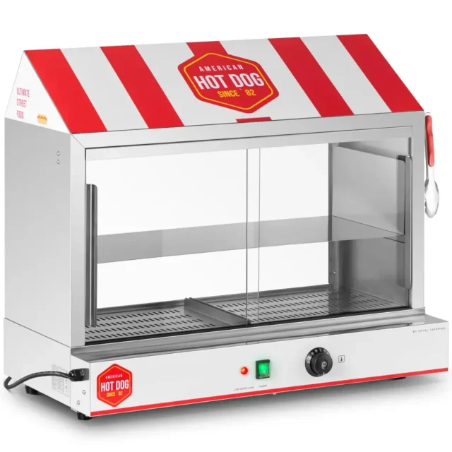 Hot dog melegítő 300 kolbászhoz és 100 zsemléhez, 30–110 °C, 2400 W