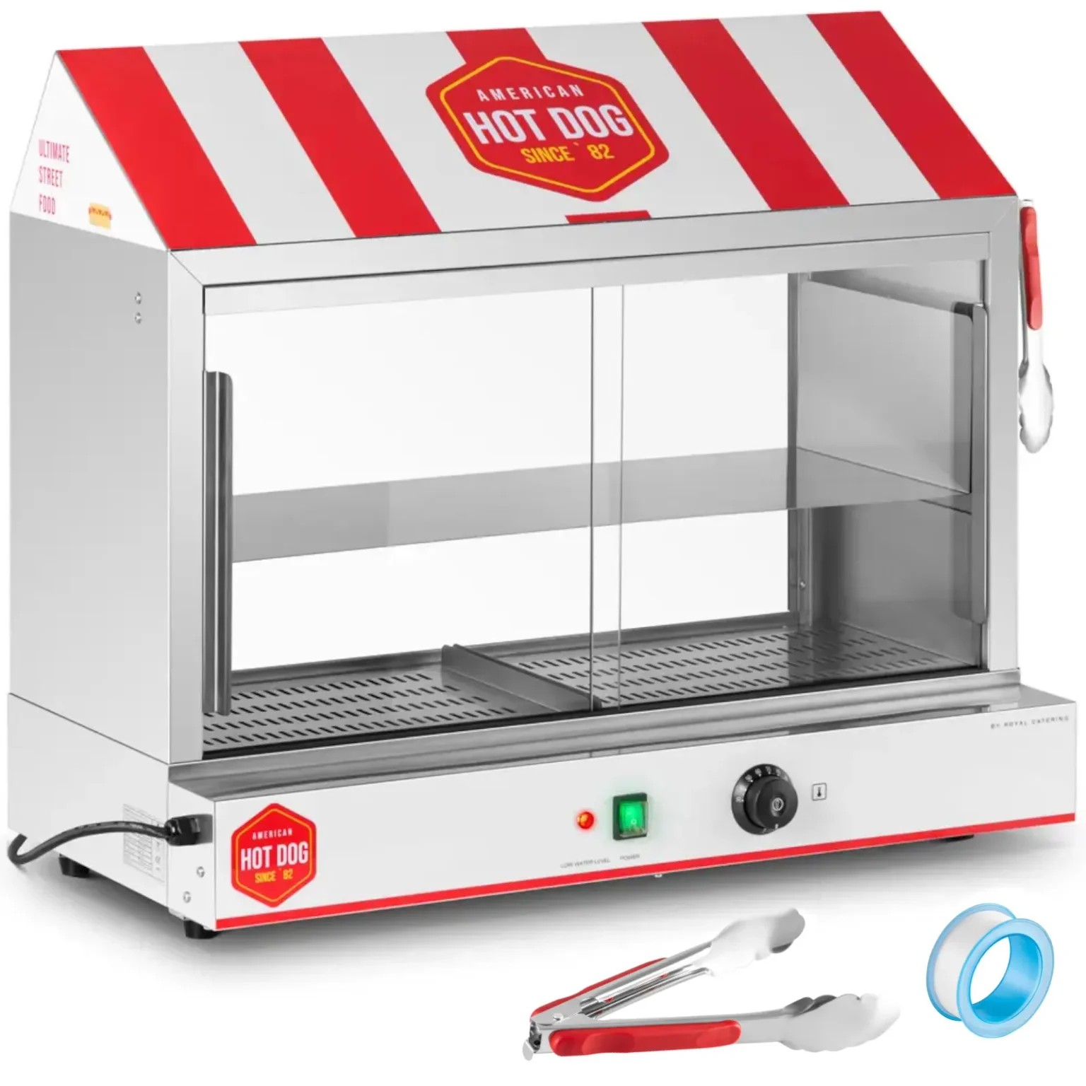 Încălzitor de hot dog pentru 300 de cârnați și 100 de chifle, 30–110 °C, 2400 W