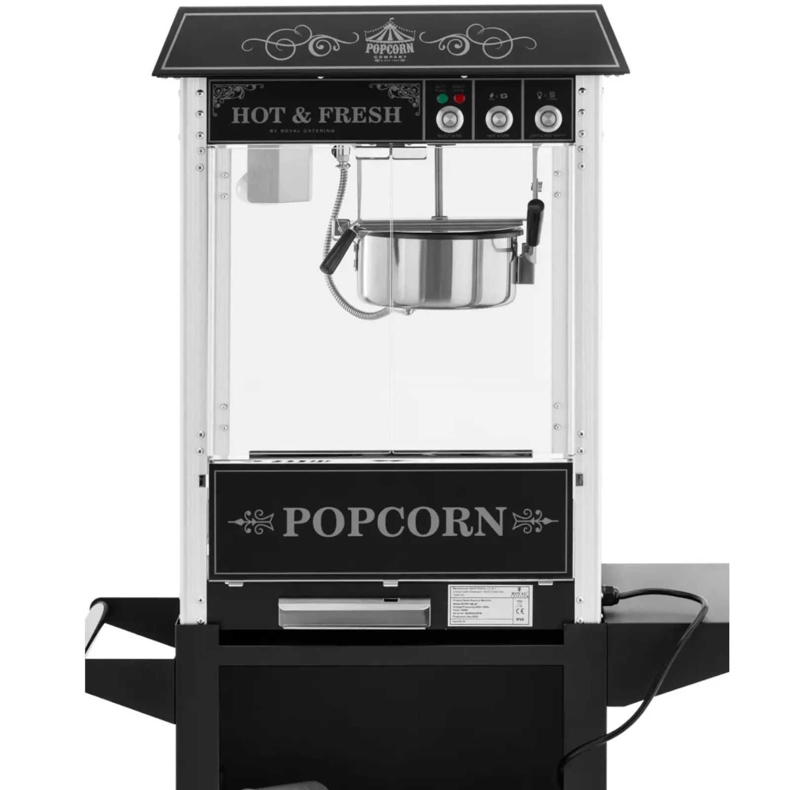 Aparat profesional de popcorn pe cărucior cu iluminare RETRO, 88 L, 1600 W, negru 7