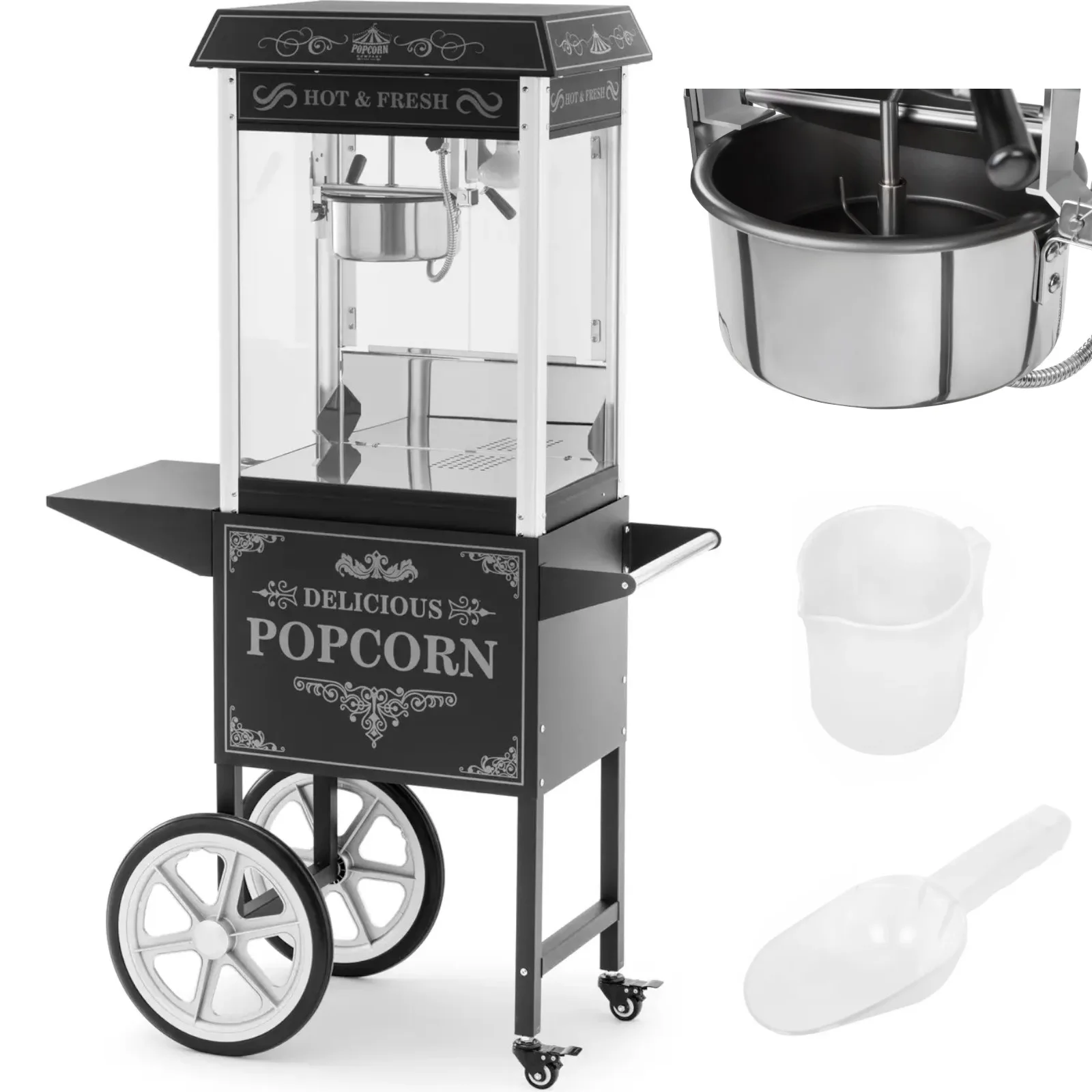 Aparat profesional de popcorn pe cărucior cu iluminare RETRO, 88 L, 1600 W, negru