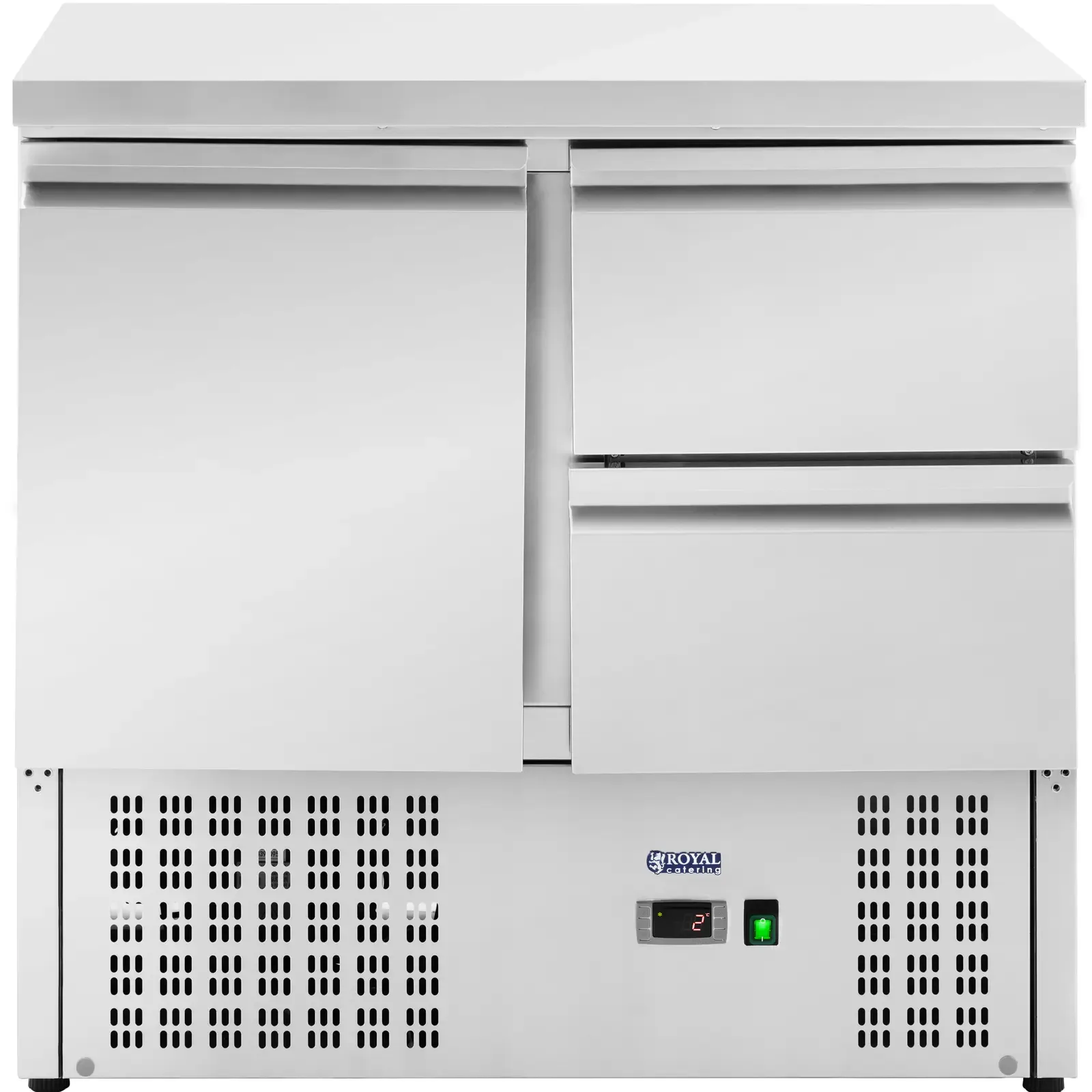 Hűtött asztal munkalapokkal, 1 rekesszel, 2 fiókkal, 2–10 °C, 230 l, 235 W
