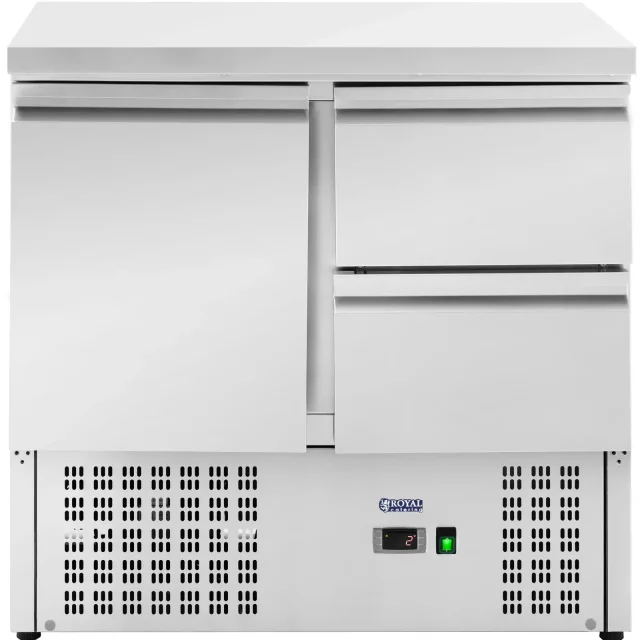 Hűtött asztal munkalapokkal, 1 rekesszel, 2 fiókkal, 2–10 °C, 230 l, 235 W