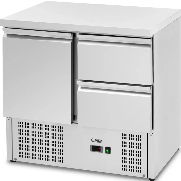 Hűtött asztal munkalapokkal, 1 rekesszel, 2 fiókkal, 2–10 °C, 230 l, 235 W