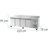 Masă frigorifică comercială cu margine înaltă, pe roți, 4 compartimente, 550 L, 223x70x95 cm 6