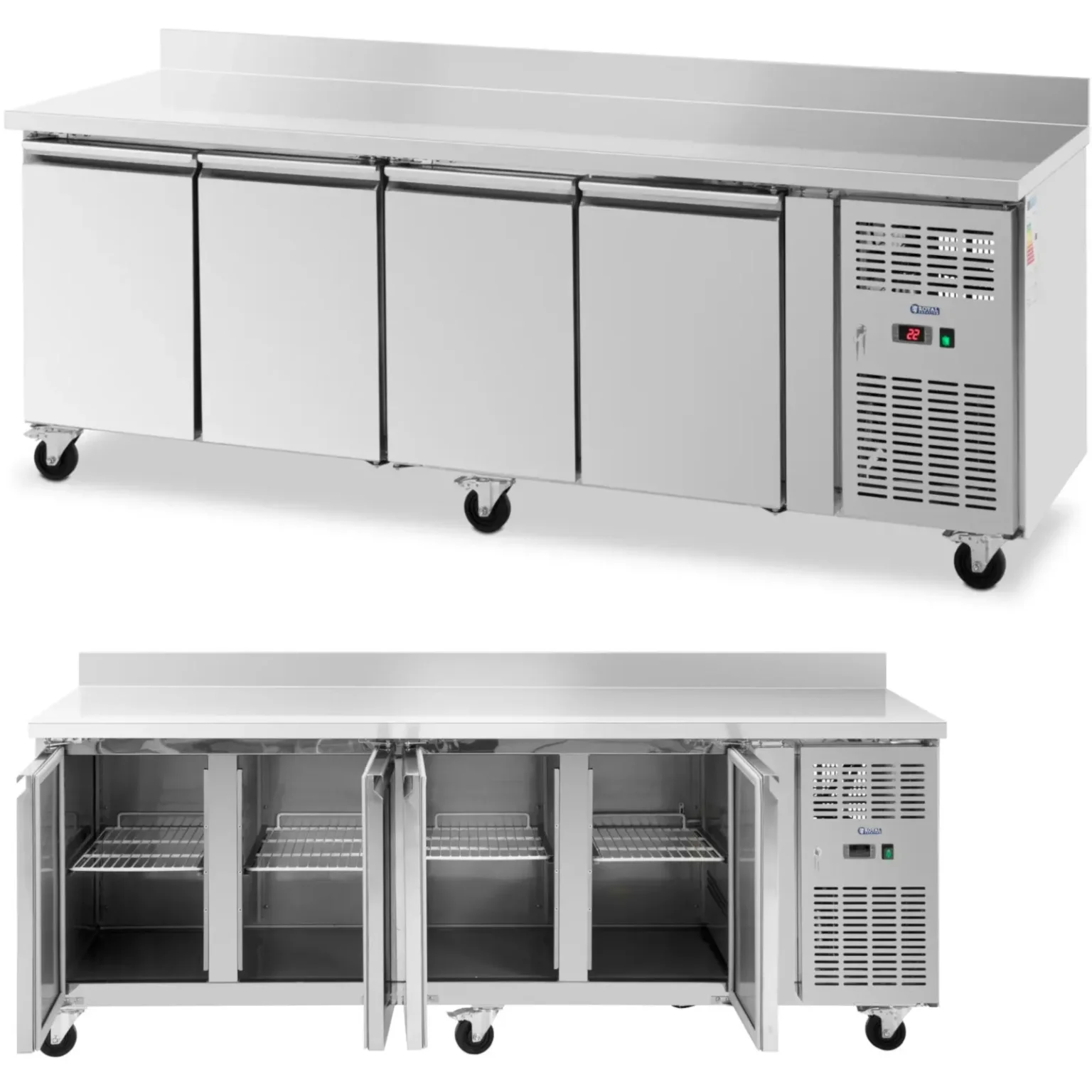 Masă frigorifică comercială cu margine înaltă, pe roți, 4 compartimente, 550 L, 223x70x95 cm